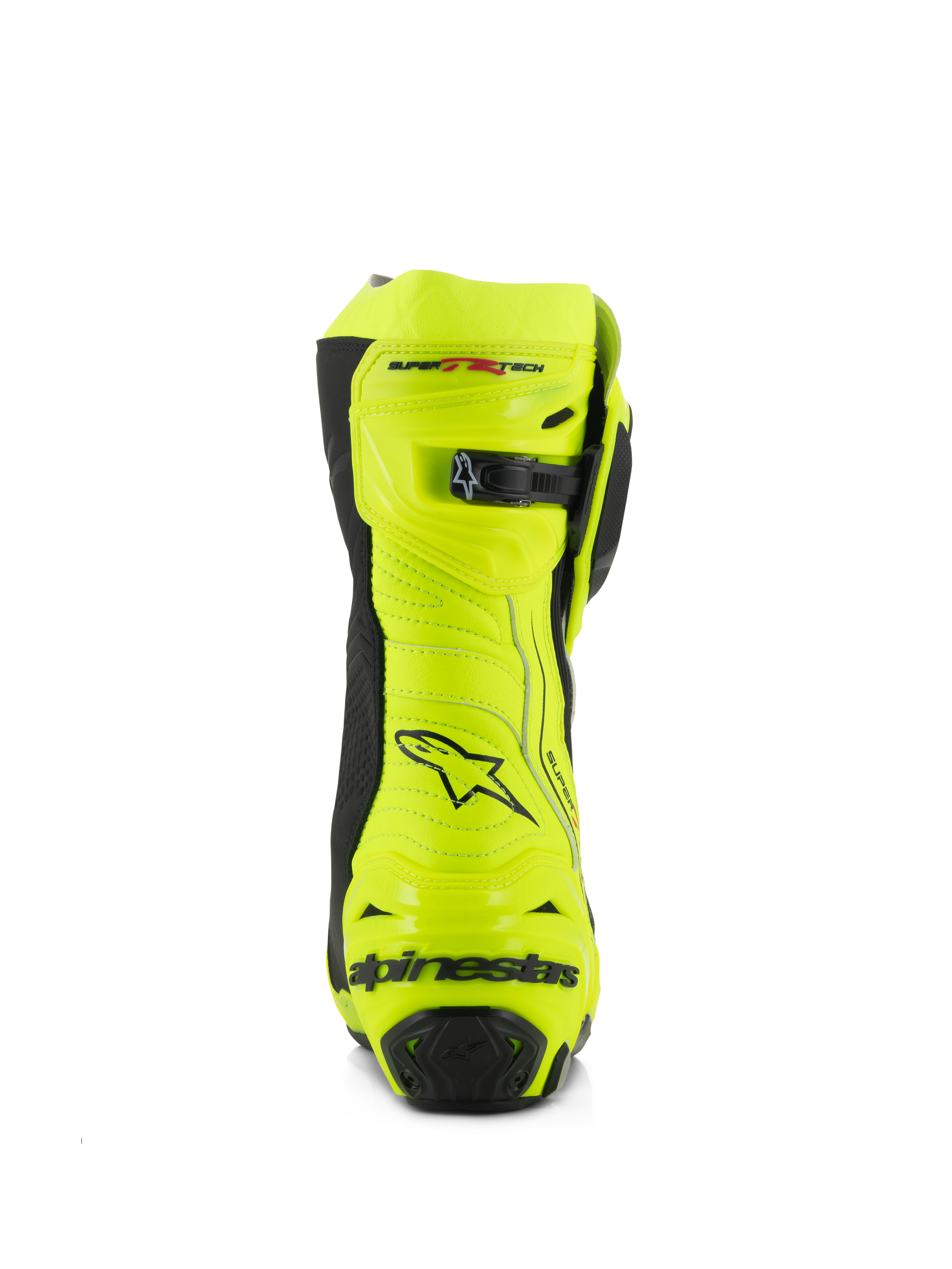 Alpinestars Supertech R Boots, Motorcycle Racing Boots, Yellow Fluo and Black, rear view featuring reinforced heel protector, adjustable calf closure, and bold branding, high-visibility fluorescent finish for track and road performance