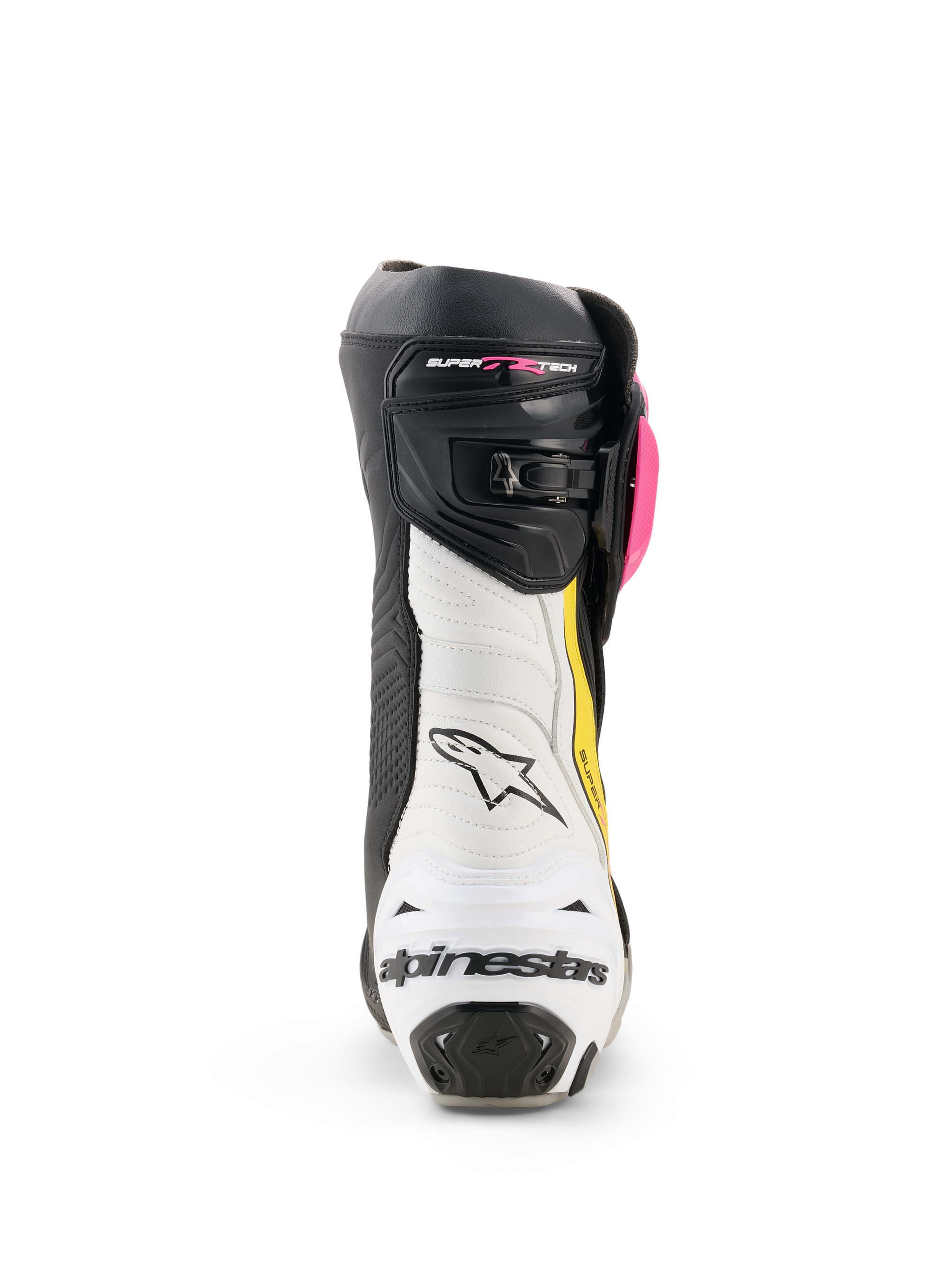 Alpinestars Supertech R Stiefel, Motorrad-Rennstiefel, Schwarz, Magenta, Weiß und Gelb Fluo, Rückansicht mit weißer Fersenkappe und schwarzem Branding, weißer Akkordeon-Flexzone und schwarzem Obermaterial mit pinken und gelben Akzenten