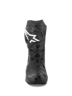 Alpinestars Supertech R Vented Boots, Motorcycle Racing Boots, Black and White, front view showing perforated microfiber construction, white Alpinestars logo on the shin plate, and durable TPU protection.