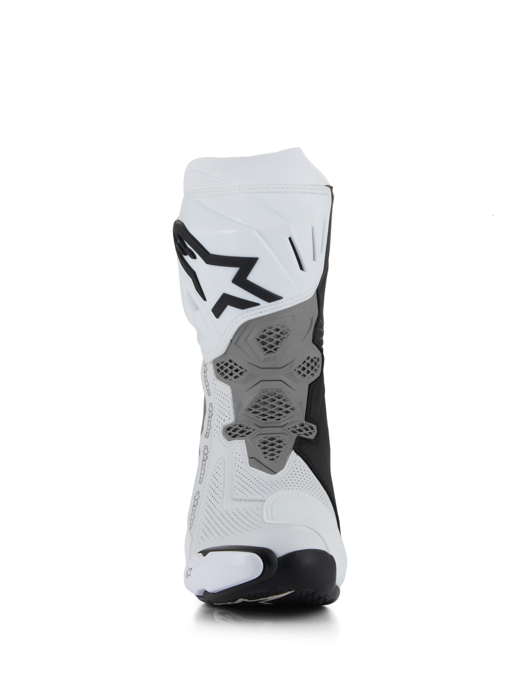Alpinestars Supertech R Vented Stiefel, Weiß Mittelgrau Schwarz, Rückansicht mit perforierter Mikrofaser-Konstruktion, neu gestalteter grauer Fersenplatte mit Wabenstruktur, markantes schwarzes Logo an der oberen Wade, professionelles Racing- und Sport-Motorradschuhwerk