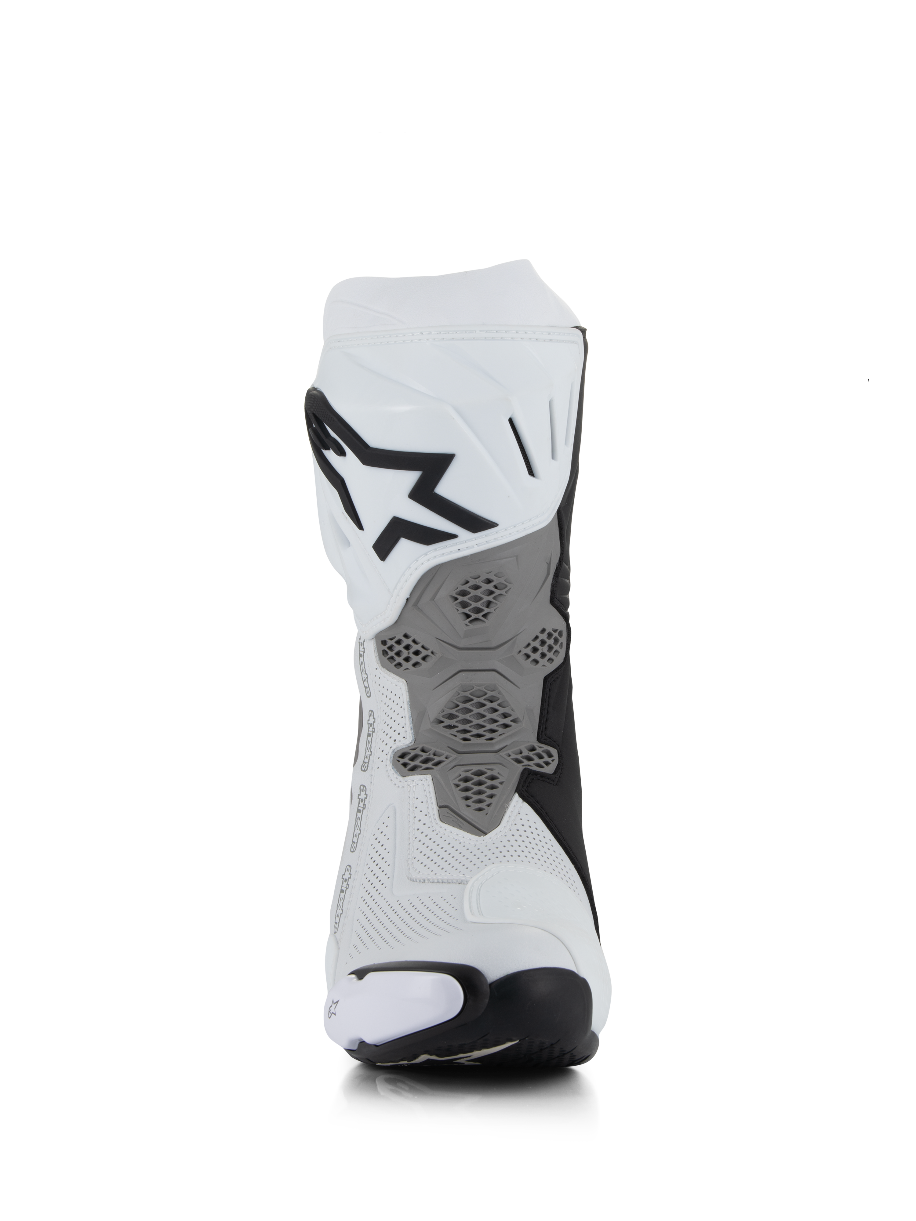 Alpinestars Supertech R Vented Stiefel, Weiß Mittelgrau Schwarz, Rückansicht mit perforierter Mikrofaser-Konstruktion, neu gestalteter grauer Fersenplatte mit Wabenstruktur, markantes schwarzes Logo an der oberen Wade, professionelles Racing- und Sport-Motorradschuhwerk