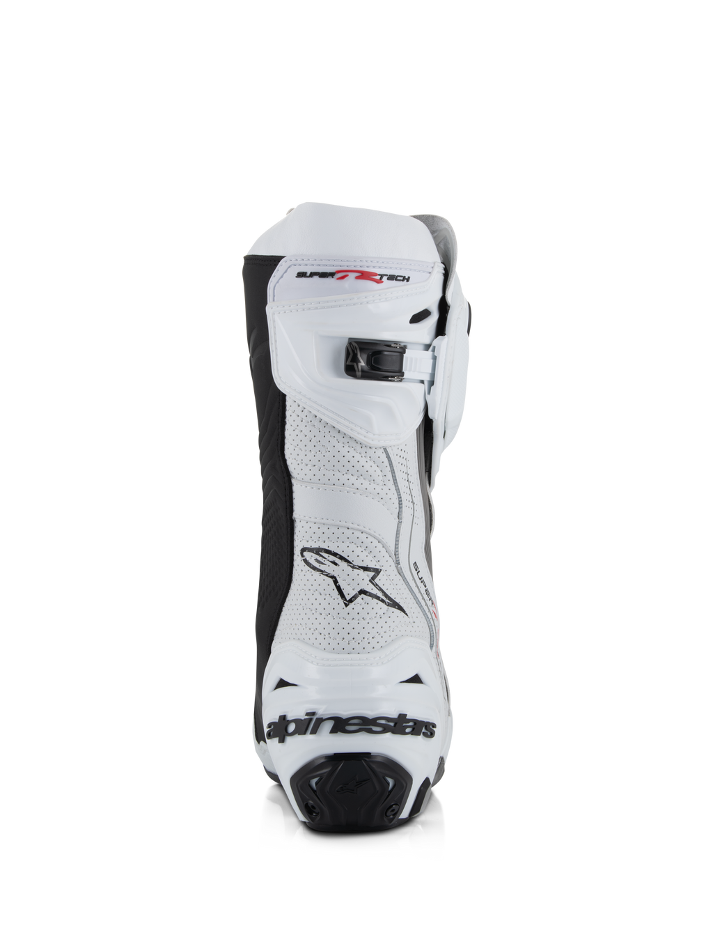 Alpinestars Supertech R Vented Stiefel, Weiß, Mittelgrau und Schwarz, Rückansicht mit perforiertem Mikrofaser-Obermaterial, mikroverstellbarem Ratschenverschluss oben und integriertem Fersenschutz mit Alpinestars-Logo