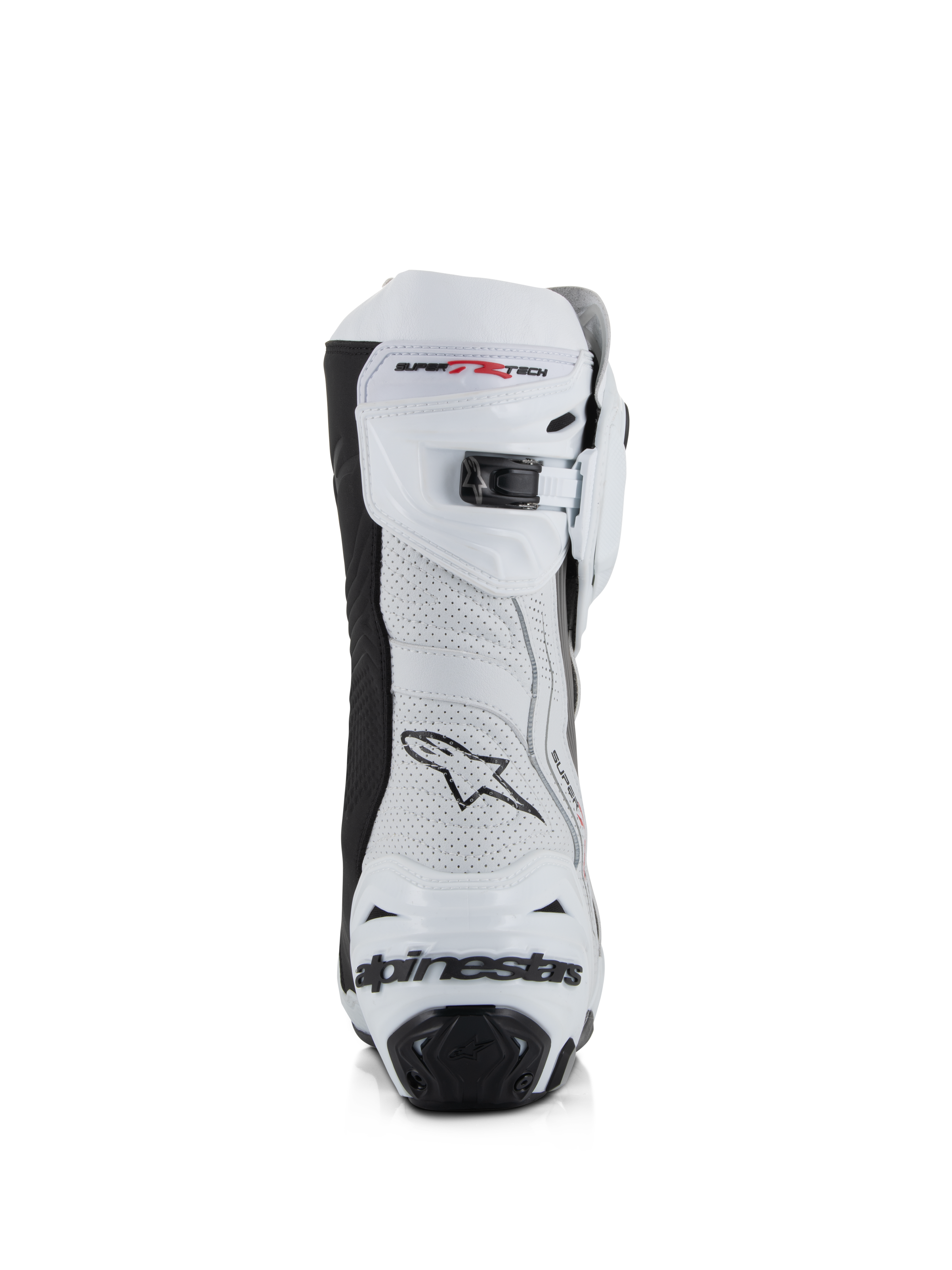 Alpinestars Supertech R Vented Stiefel, Weiß, Mittelgrau und Schwarz, Rückansicht mit perforiertem Mikrofaser-Obermaterial, mikroverstellbarem Ratschenverschluss oben und integriertem Fersenschutz mit Alpinestars-Logo