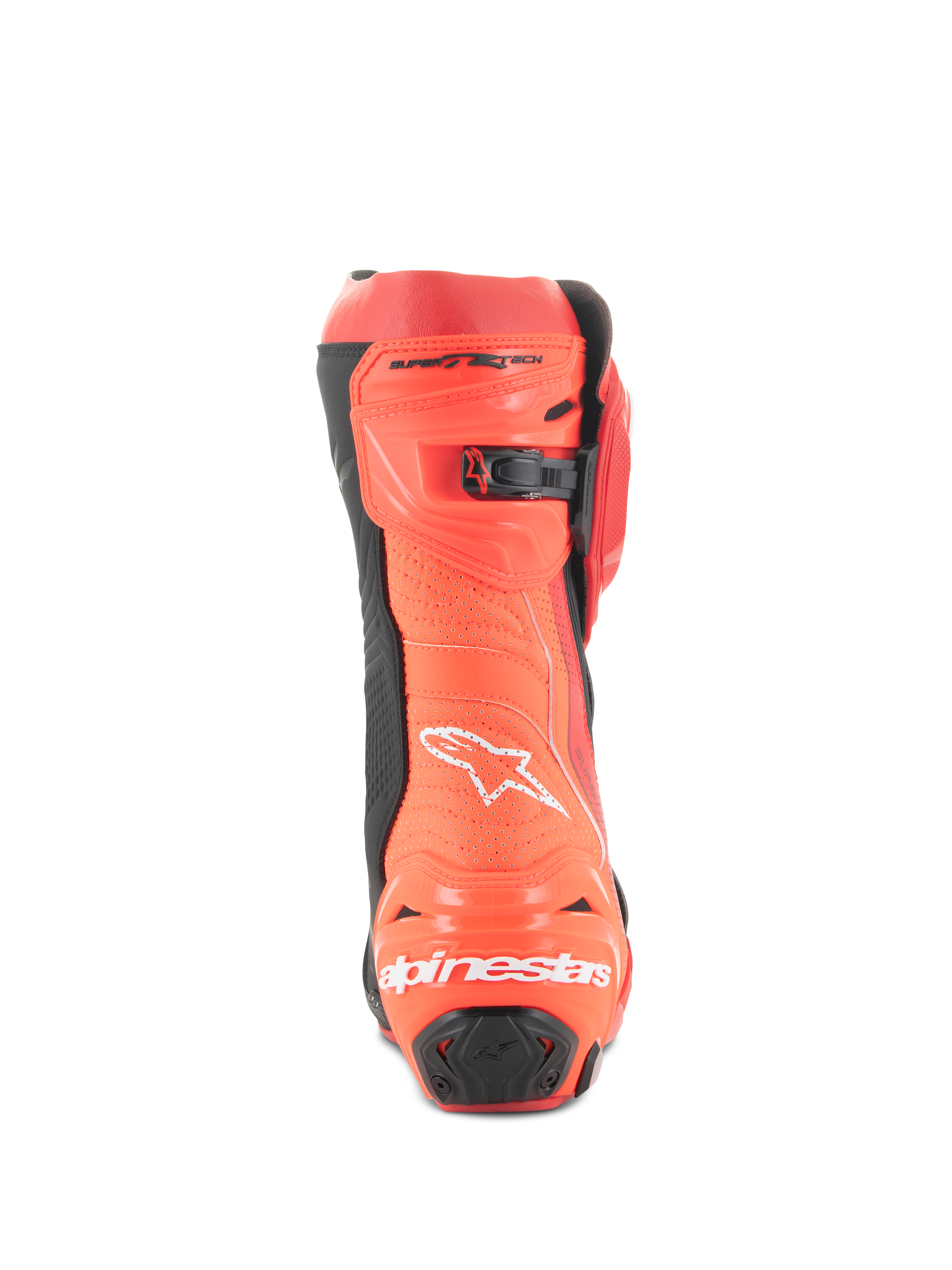 Alpinestars Supertech R Vented Boots, Racing Motorcycle Boots, Bright Red and Red Fluo, rear view featuring perforated construction for ventilation, TPU heel protectors, and white Alpinestars logo branding