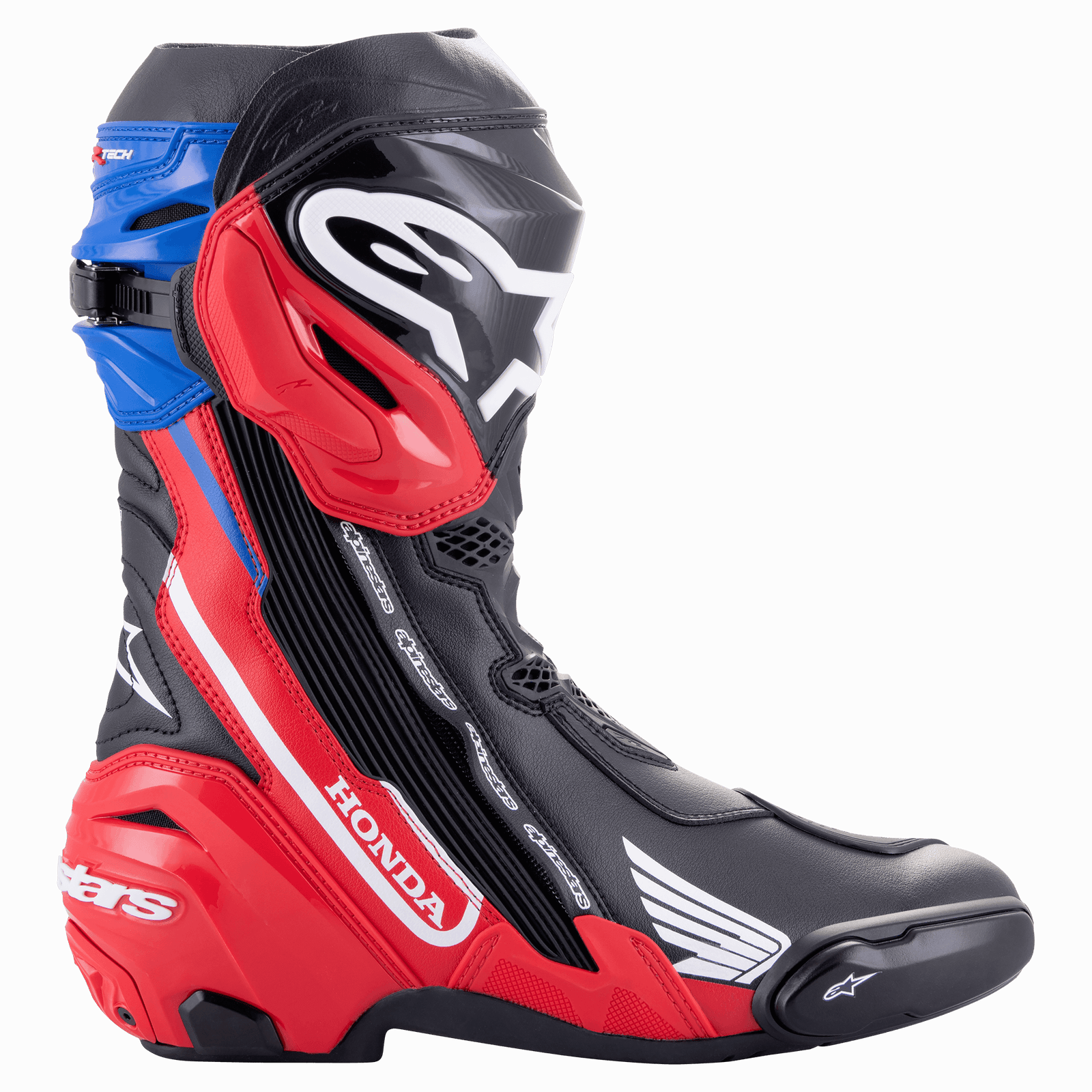 Alpinestars Honda Supertech R Stiefel, professionelle Motorrad-Rennstiefel, Schwarz, Hellrot und Blau, Seitenprofil mit markantem weißem Honda- und Alpinestars-Branding, TPU-Schienbeinschutzplatte, austauschbare Zehen- und Fersenschleifer.