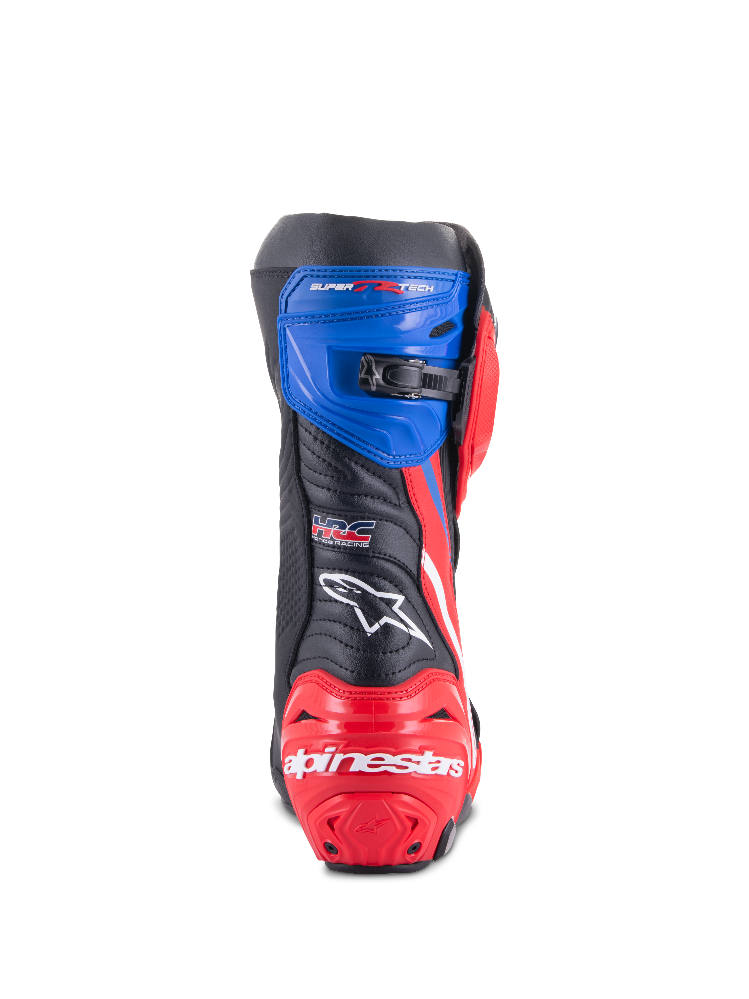 Alpinestars Honda Supertech R Stiefel, Motorrad-Rennstiefel, Schwarz, leuchtendes Rot und Blau, Rückansicht mit einer rot verstärkten Ferse mit weißem Branding, blauer oberer Gamasche mit mikroverstellbarem Ratschenverschluss und HRC-Logo auf der Rückseite