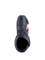 Alpinestars Honda Supertech R Stiefel, Motorrad-Rennstiefel, Schwarz, Hellrot und Blau, Draufsicht mit Darstellung der Stiefelöffnung und Mikrofaser-Konstruktion, schützende TPU-Platten und aerodynamisches Renndesign