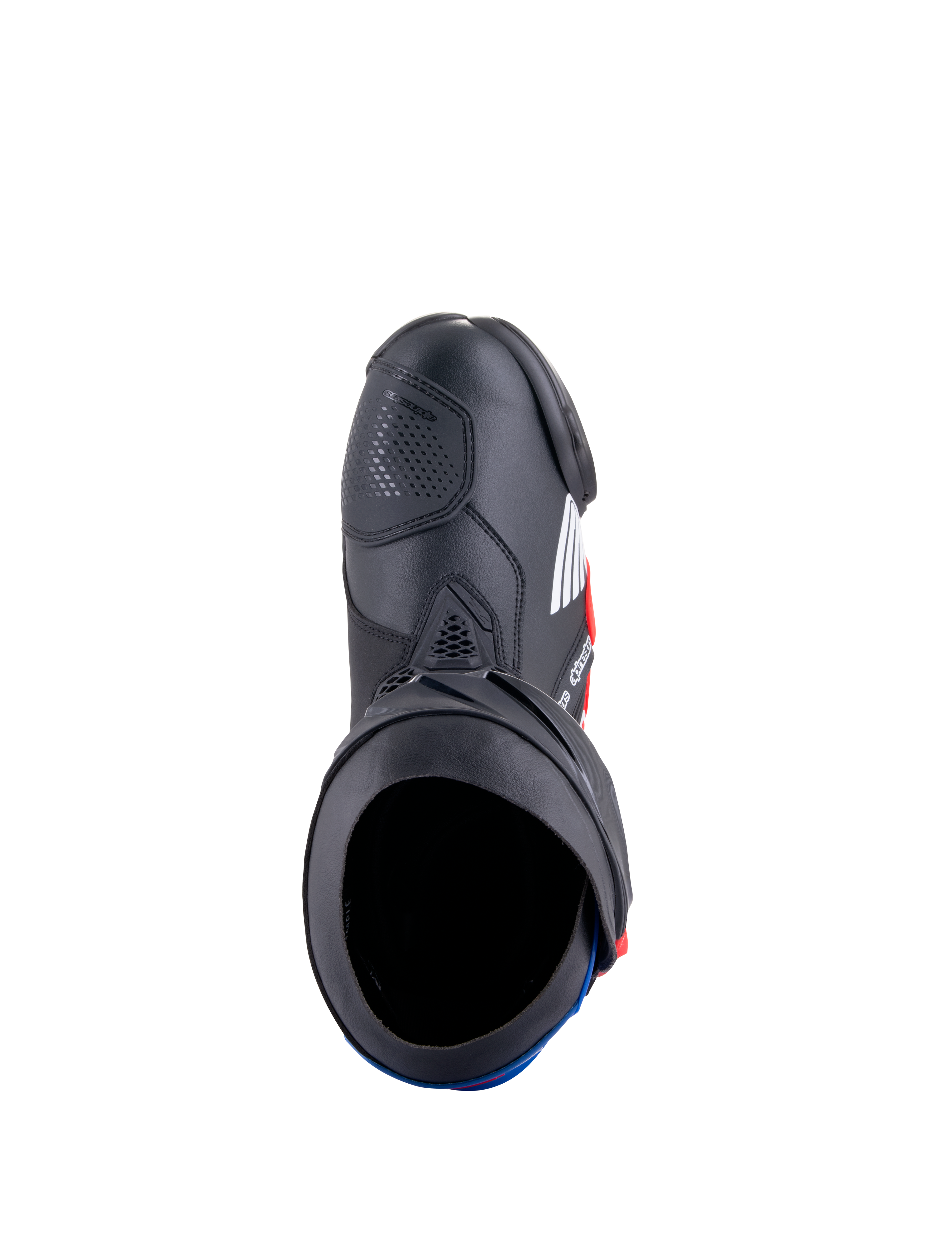 Alpinestars Honda Supertech R Stiefel, Motorrad-Rennstiefel, Schwarz, Hellrot und Blau, Draufsicht mit Darstellung der Stiefelöffnung und Mikrofaser-Konstruktion, schützende TPU-Platten und aerodynamisches Renndesign