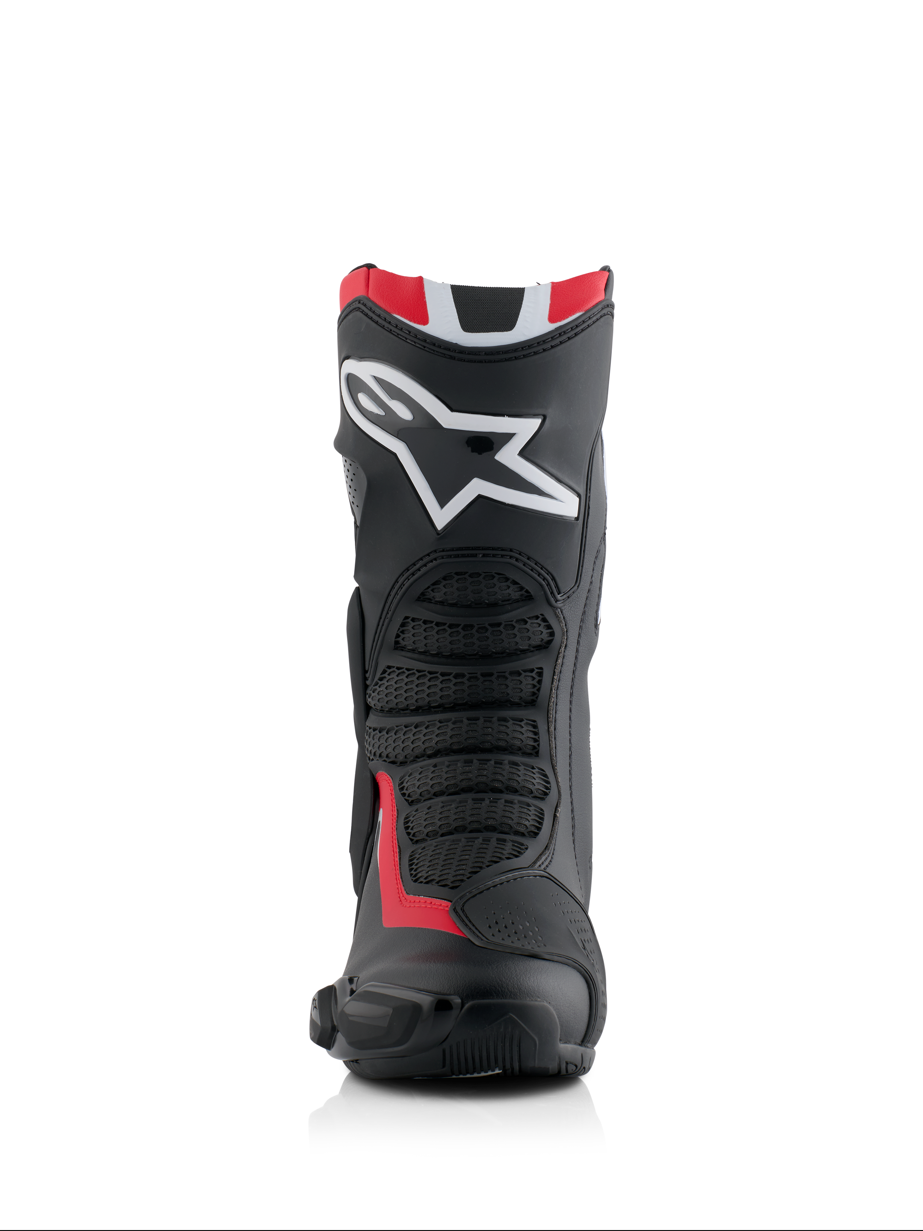 Alpinestars Honda SMX-6 V3 Boots, Performance Motorcycle Boots, Black Bright Red and White, front view featuring large white Alpinestars logo on the shin, textured mesh flex zones, and aerodynamic protective profile