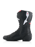 Alpinestars Honda SMX-6 V3 Boots, Performance Motorcycle Boots, Black with Bright Red and White accents, medial side profile, featuring durable microfiber construction, TPU protective panels, and embossed Honda branding.