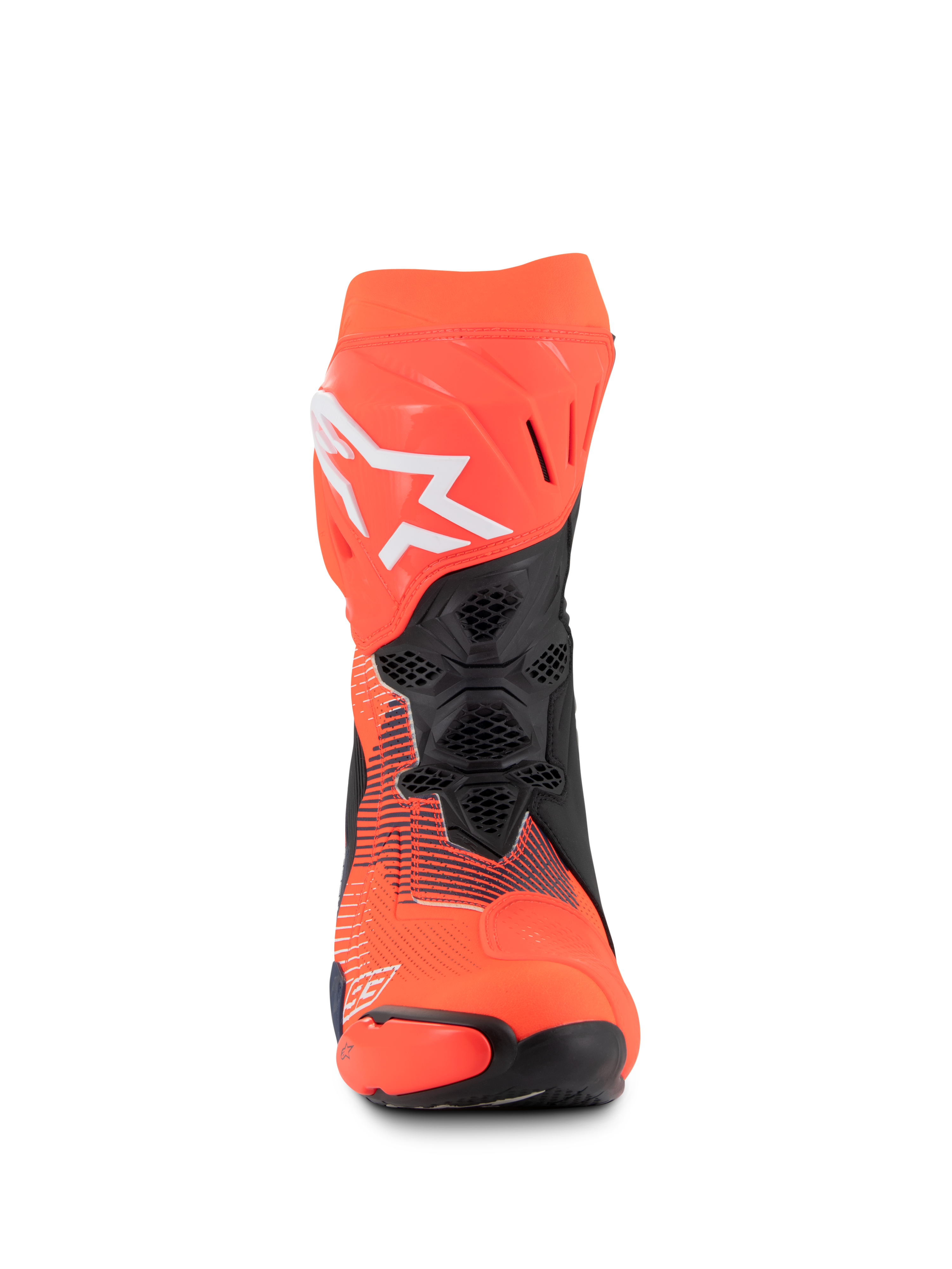 Alpinestars Supertech R Vented MM93 Replica Boots, Racing Motorcycle Boots, Red Fluo Dark Blue and Black, front view showing mesh ventilation, white Alpinestars logo, and durable microfiber construction