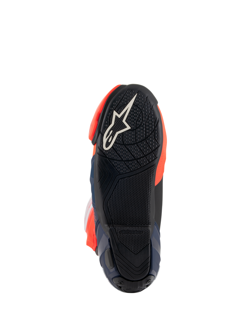 Alpinestars Supertech R Vented MM93 Replica Boots, sole view showing black rubber outsole with white star logo, textured grip pattern for footpegs, and red fluo and dark blue accents, racing performance footwear design