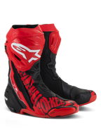 Alpinestars Supertech R LE Pecco Bagnaia Vented Boots, Racing Motorcycle Boots, Red and Black, featuring a large white Alpinestars logo on the shin, extensive perforations for airflow, and specialized red graphics on the toe and side.