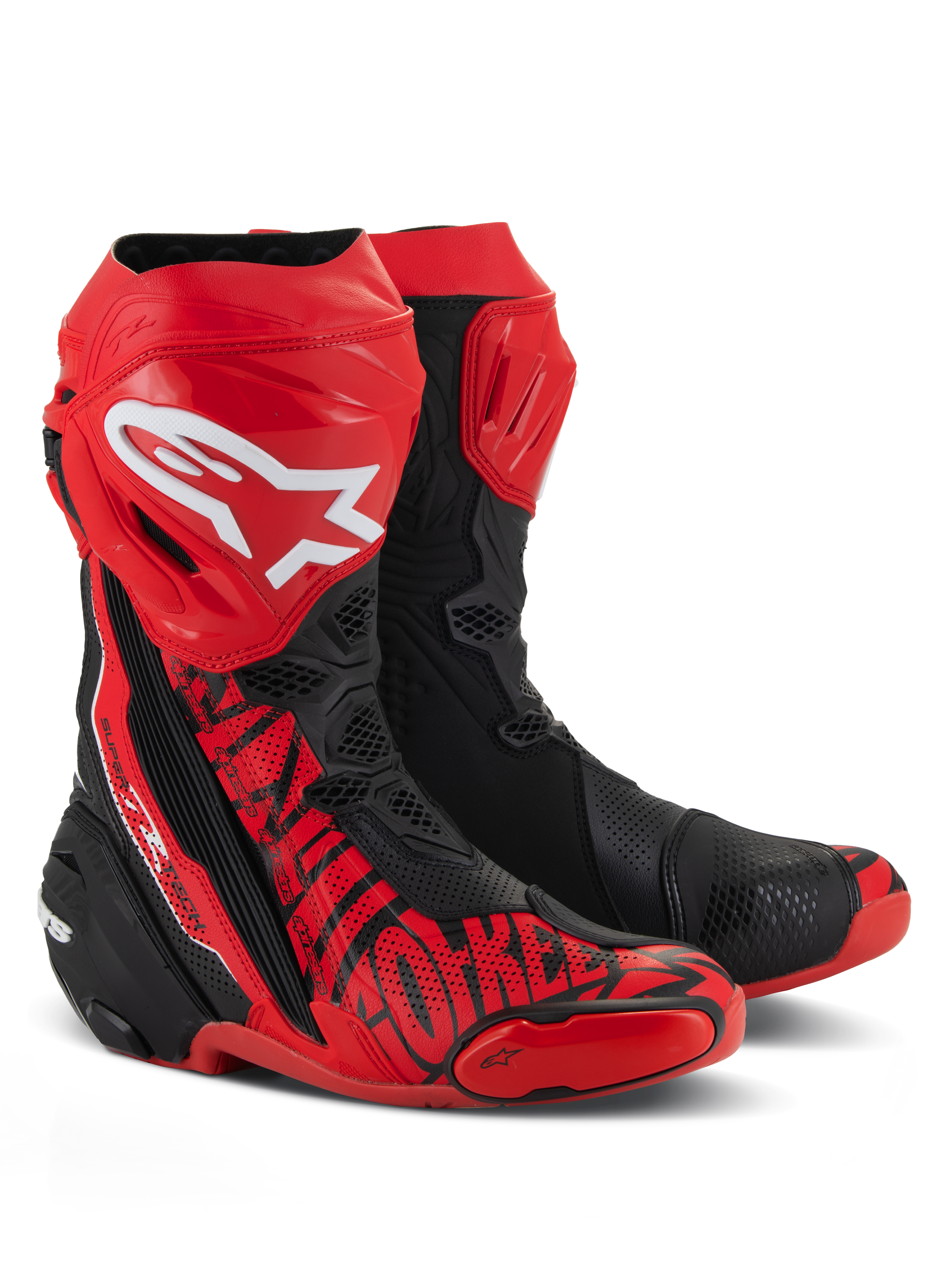 Alpinestars Supertech R LE Pecco Bagnaia Vented Boots, Racing Motorcycle Boots, Red and Black, featuring a large white Alpinestars logo on the shin, extensive perforations for airflow, and specialized red graphics on the toe and side.