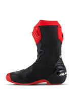 Alpinestars Supertech R LE Pecco Bagnaia Vented Boots, Racing Motorcycle Boots, Red and Black, side profile view, featuring extensive perforations, red TPU shin plate, reinforced heel, and red sole, aerodynamic design for high-performance racing