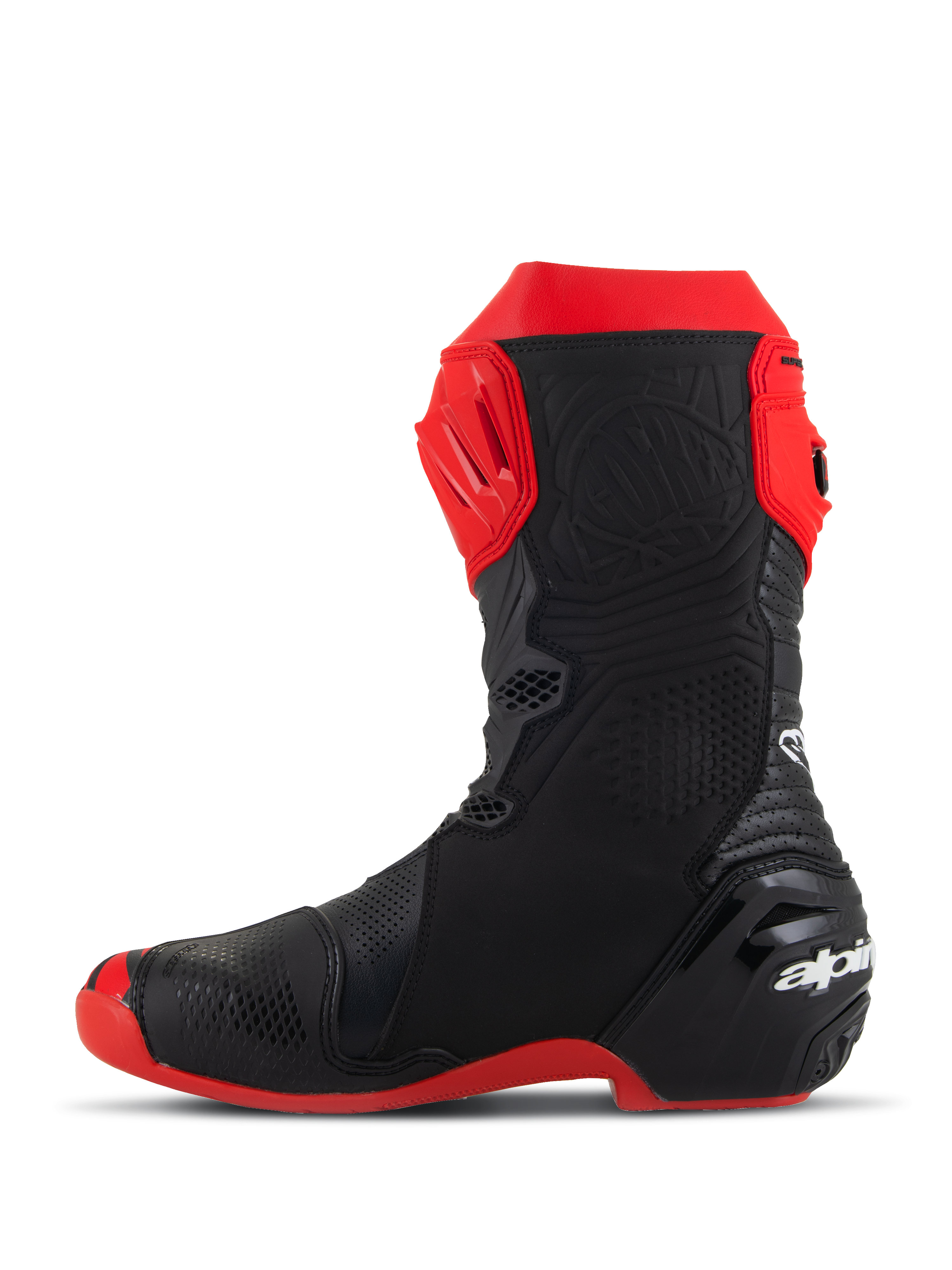 Alpinestars Supertech R LE Pecco Bagnaia Vented Boots, Racing Motorcycle Boots, Red and Black, side profile view, featuring extensive perforations, red TPU shin plate, reinforced heel, and red sole, aerodynamic design for high-performance racing