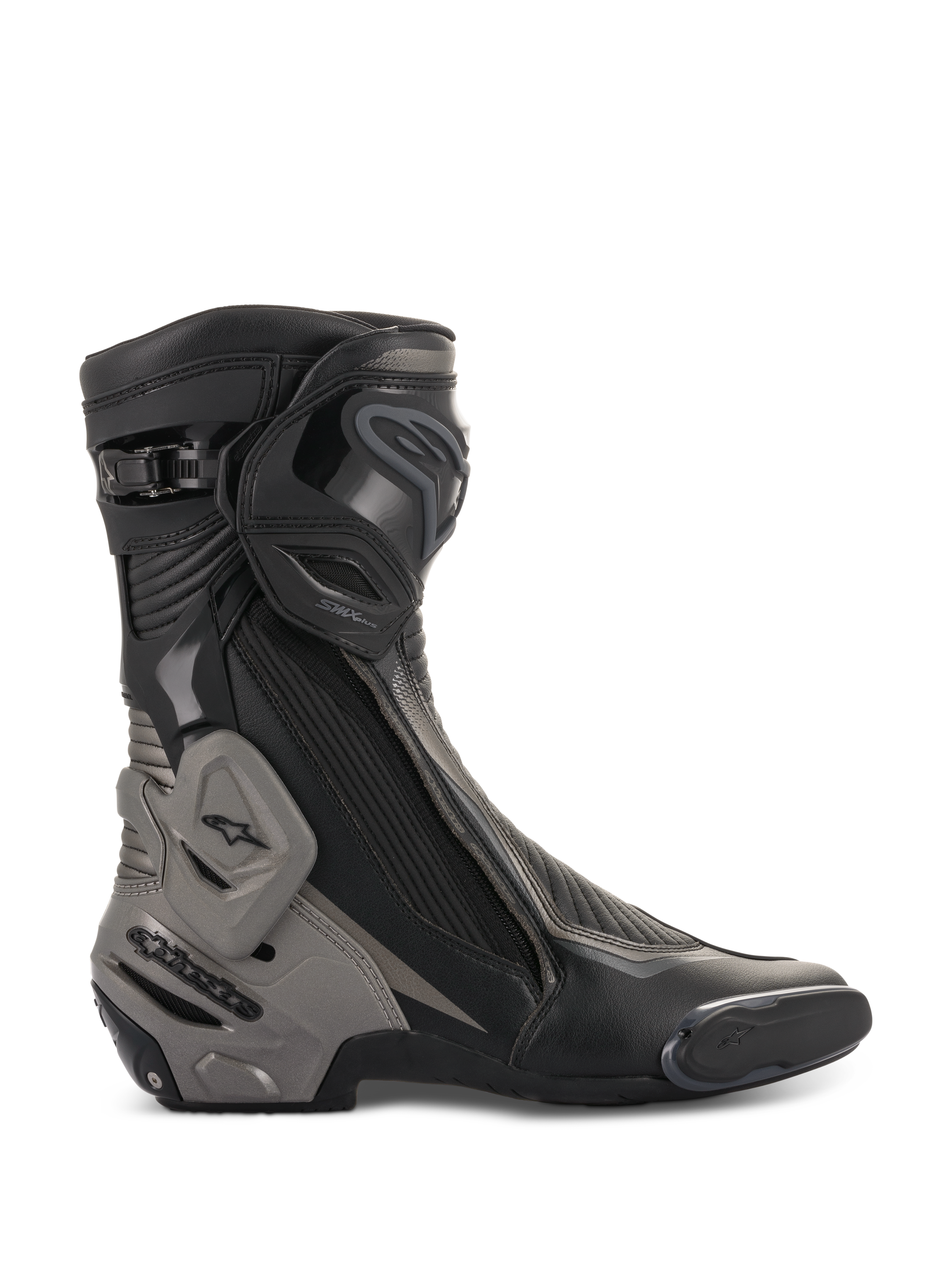 Alpinestars SMX Plus V2 Stiefel, Motorrad-Rennstiefel, Schwarz und Dunkelgrau, Seitenprofil mit fortschrittlicher TPU-Schienbeinplatte und Fersenkappe, Multi-Link Control System, flexiblen Akkordeon-Zonen, seitlichem Reißverschluss und aerodynamischer Mikrofaser-Konstruktion für Performance-Fahrten