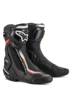 Alpinestars SMX Plus V2 motorcycle racing boots in black and red fluorescent with advanced TPU protection.