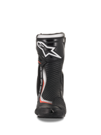 Alpinestars SMX Plus V2 Boots, Black and Red Fluorescent Motorcycle Racing Boots, microfiber with TPU shin plate, front view.