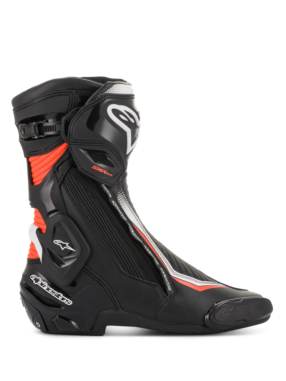 Alpinestars SMX Plus V2 Boots, Men's Motorcycle Racing Boots, Black, White and Red Fluorescent, featuring Multi-Link Control ankle protection and durable microfiber construction.