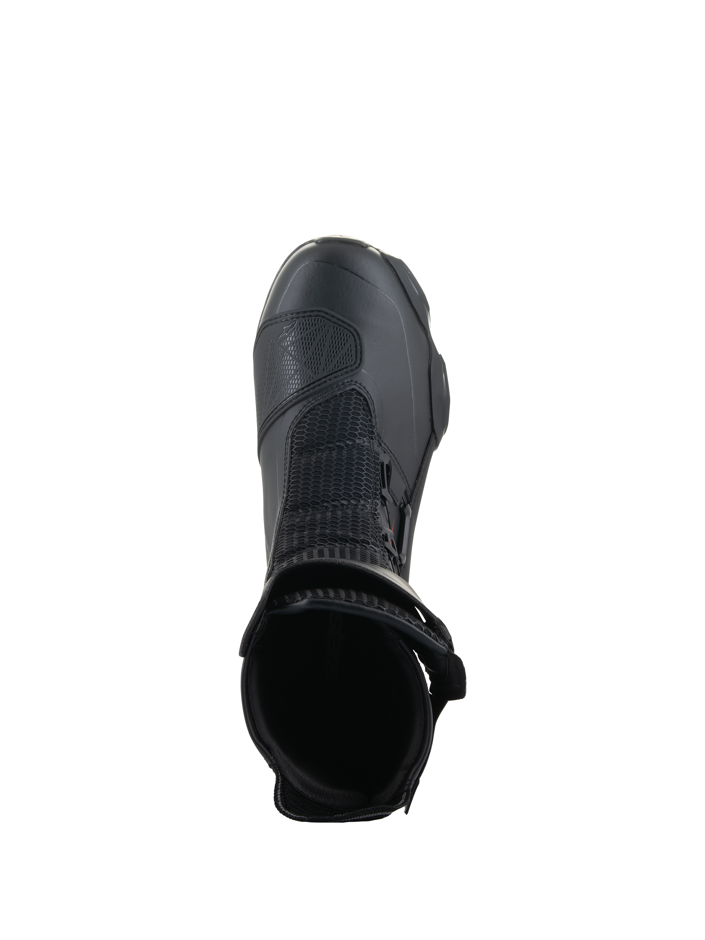 Alpinestars SP-X BOA® Boots, Black, top-down view looking into the ankle opening, featuring Rideknit® mesh and the side-mounted BOA® Fit System, sleek mid-height sport motorcycle boot