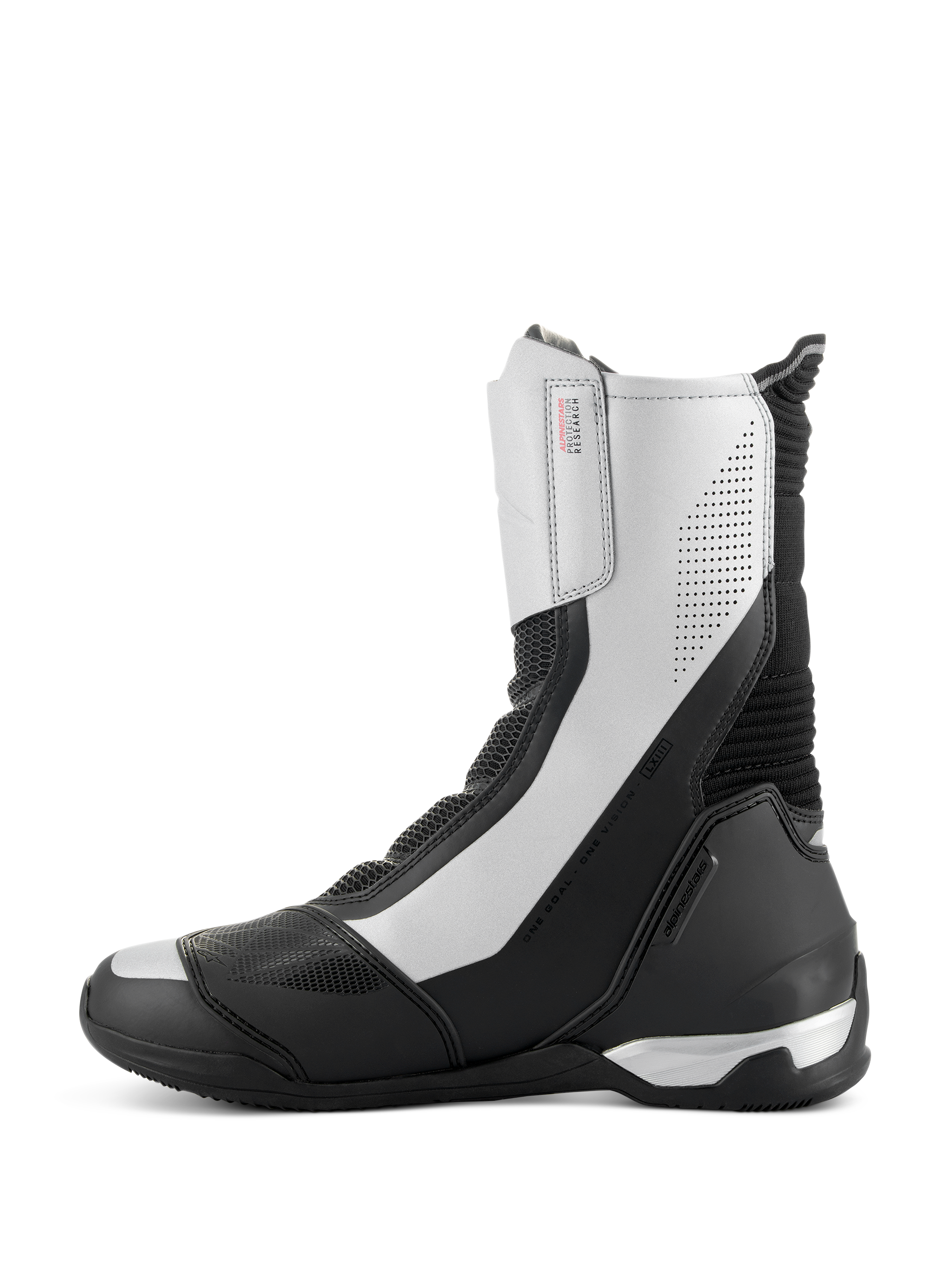 Alpinestars SP-X BOA Boots, mid-height sport motorcycle boots, Black and Silver, sleek side profile featuring silver panels with perforated details, black TPU heel counter, and Alpinestars branding.