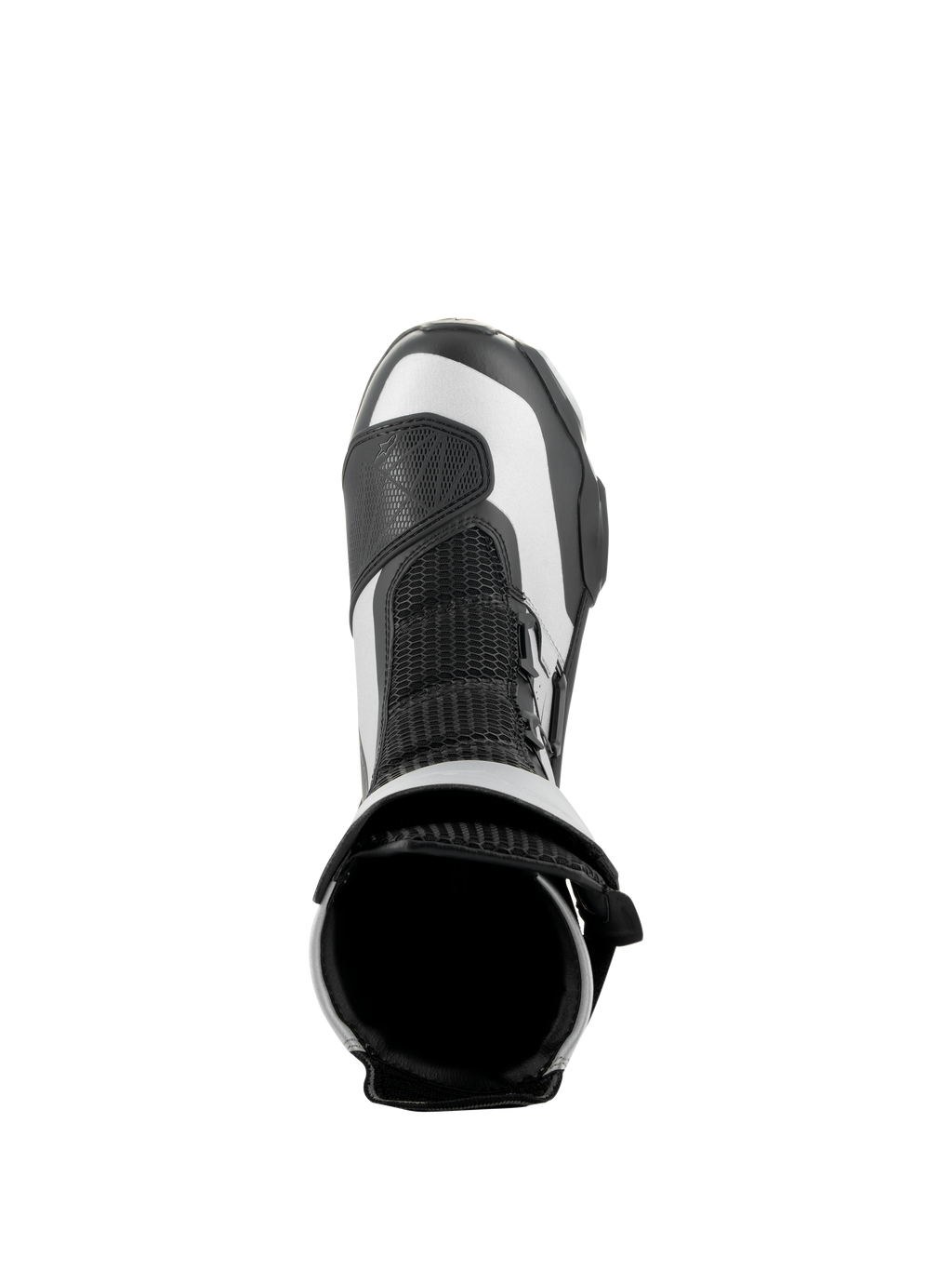 Alpinestars SP-X BOA Boots, Black and Silver, overhead view showing the top opening and mesh tongue, sleek mid-height sport motorcycle boots with advanced microfiber and Rideknit construction