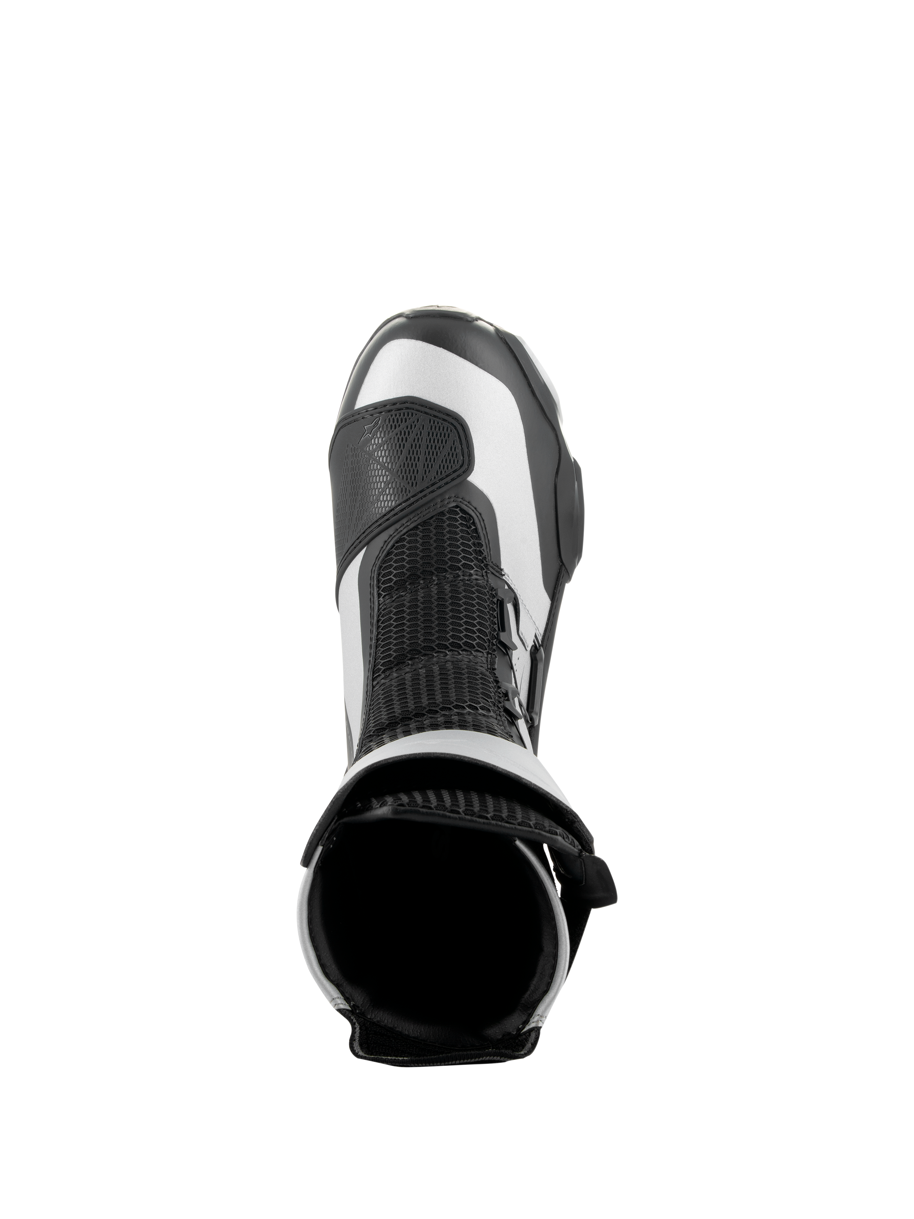 Alpinestars SP-X BOA Boots, Black and Silver, overhead view showing the top opening and mesh tongue, sleek mid-height sport motorcycle boots with advanced microfiber and Rideknit construction