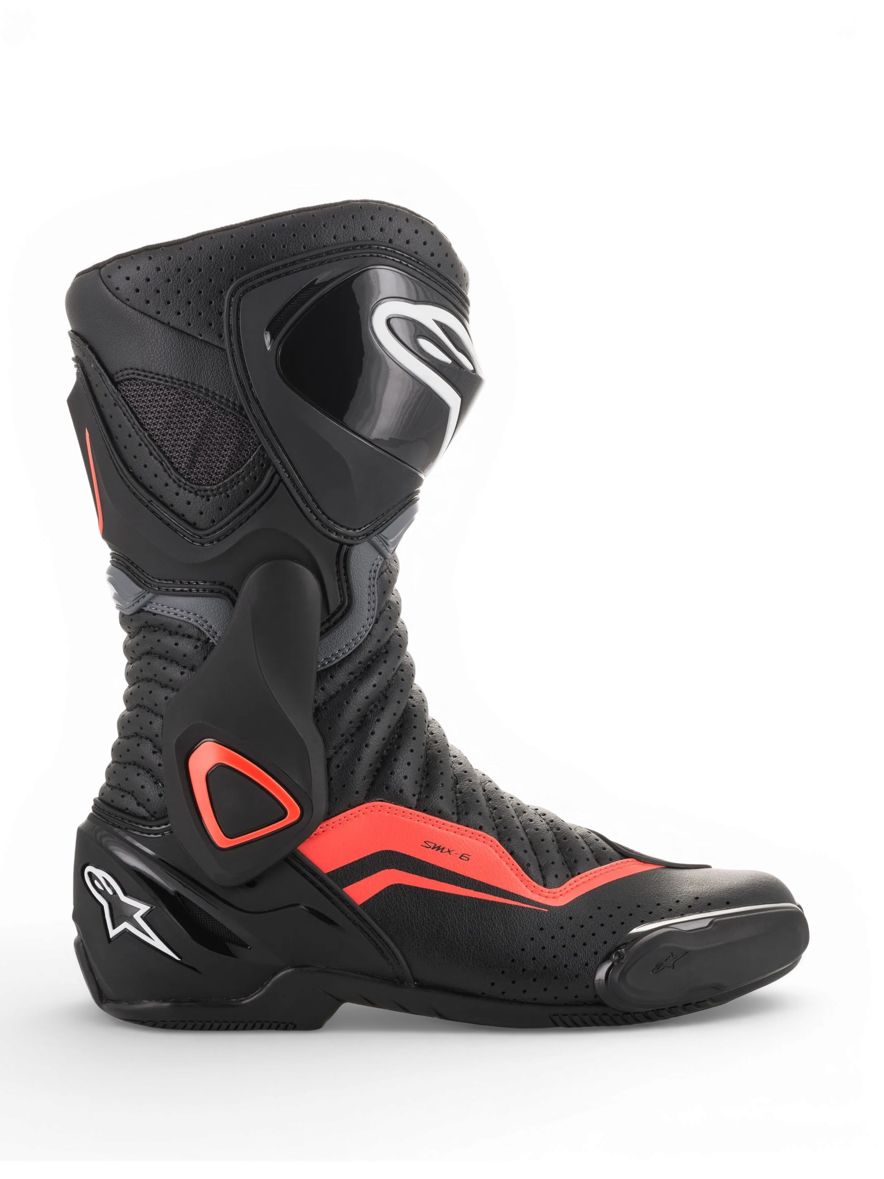 Alpinestars SMX-6 V2 Vented Stiefel, schwarzer und grauer Motorradrennstiefel mit fluoreszierend roten Akzenten, perforierter Belüftung sowie Knöchel- und Schienbeinprotektoren