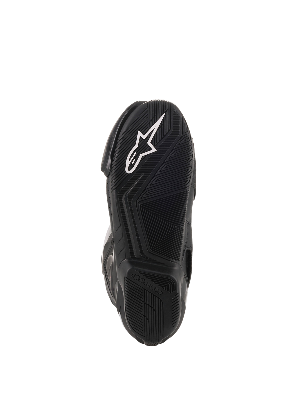 Alpinestars SMX-6 V2 Vented Motorradrennstiefel, Nahaufnahme der strukturierten schwarzen Gummilaufsohle mit weißem Alpinestars-Logo