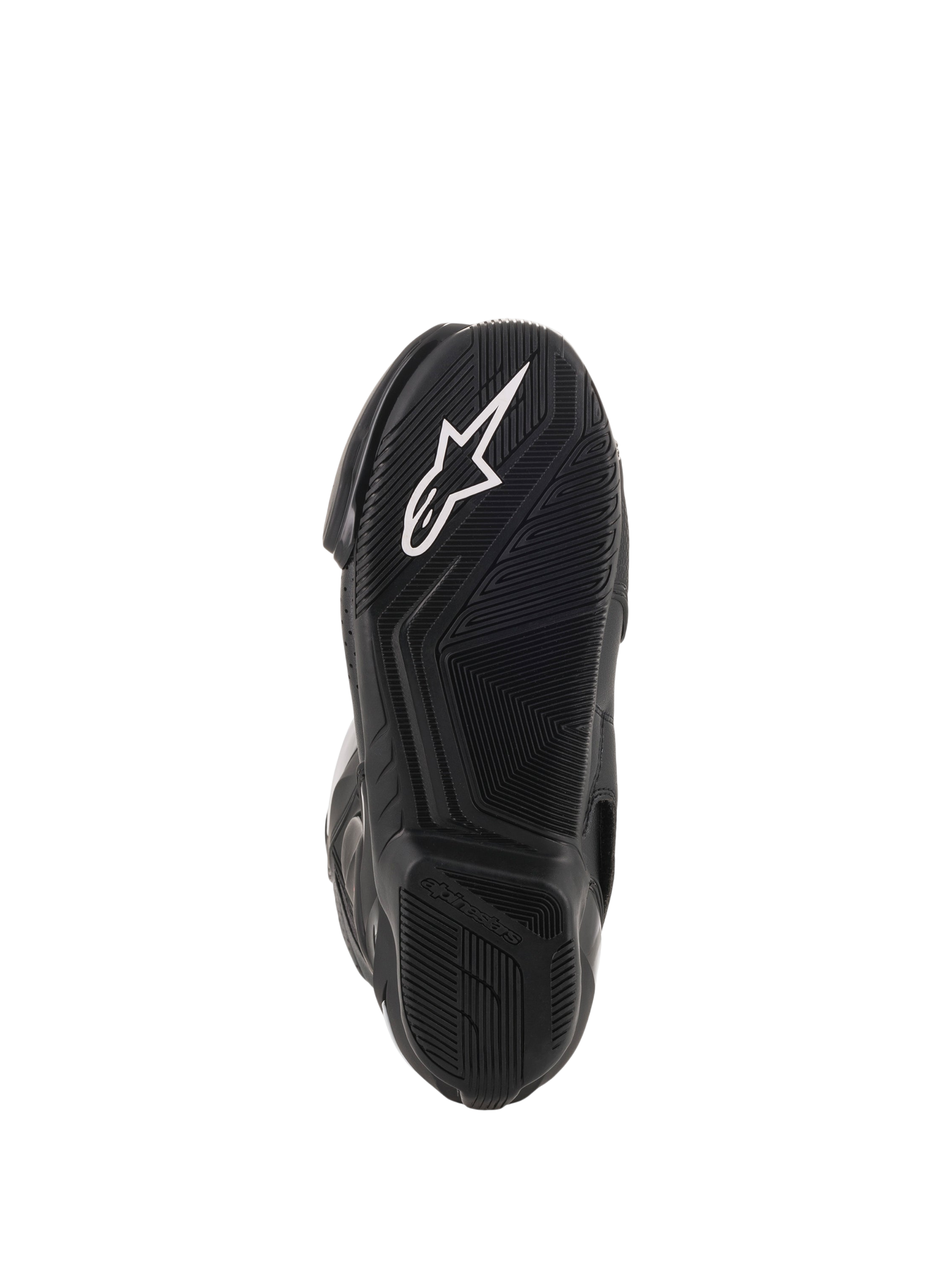 Alpinestars SMX-6 V2 Vented Motorradrennstiefel, Nahaufnahme der strukturierten schwarzen Gummilaufsohle mit weißem Alpinestars-Logo