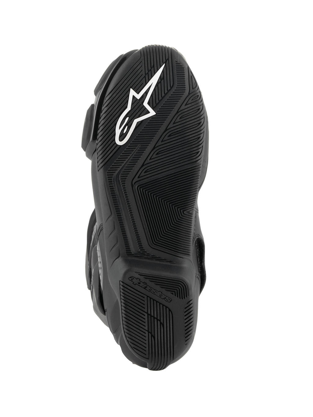 Alpinestars SMX-6 V3 Boots, bottom sole view, black rubber compound with textured grip pattern, featuring white Alpinestars logo on the forefoot and embossed branding on the heel, performance motorcycle footwear