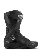 Alpinestars SMX-6 V3 Boots, Performance Motorcycle Riding Boots, Black with white accents, lateral profile view featuring a TPU ankle brace system, textured mesh flexion zones, and reinforced heel and toe components for track and street performance.