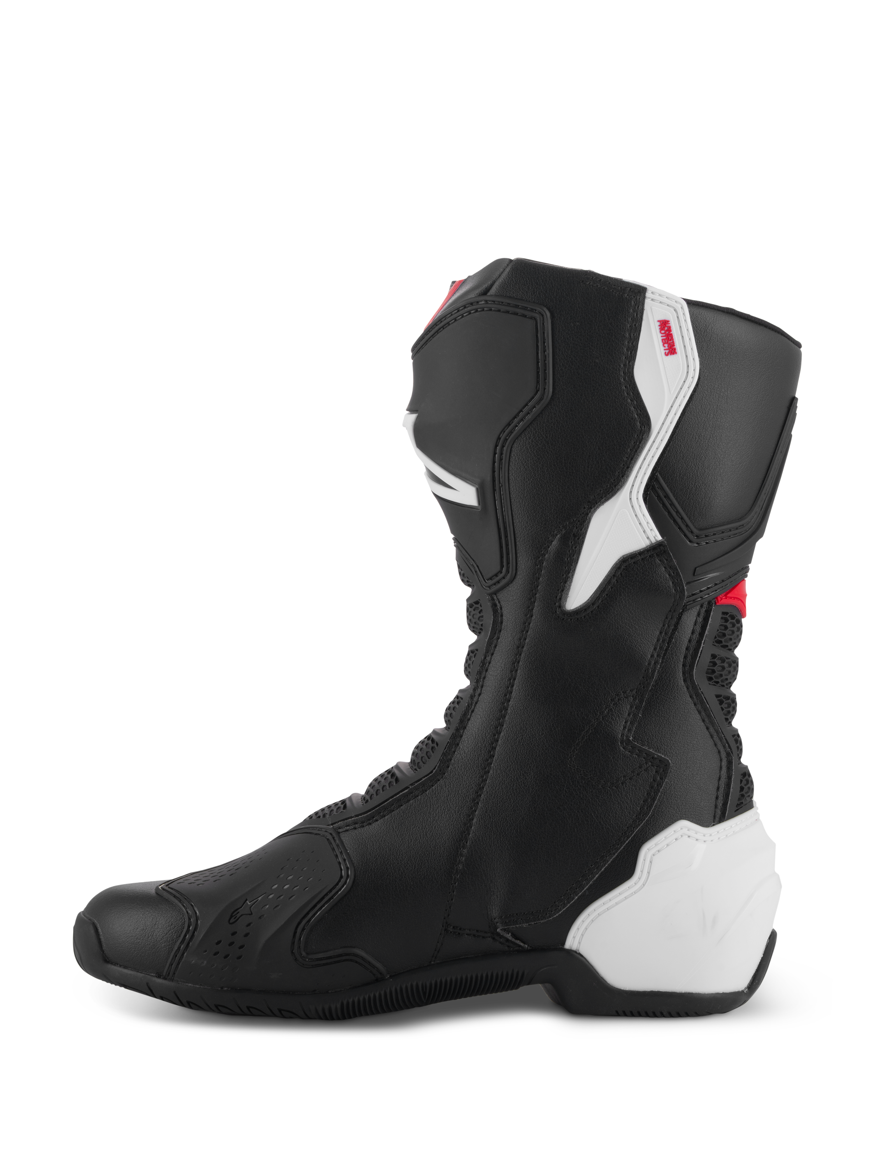 Alpinestars SMX-6 V3 Stiefel, Performance-Motorradstiefel, Schwarz-Weiß-Rote Grafik, Innenansicht, schwarze Mikrofaser-Konstruktion mit weißen TPU-Schutzpaneelen an Ferse und Wade, roten Akzenten und flexiblen Akkordeon-Zonen für verbesserte Beweglichkeit und Schutz.