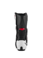 Alpinestars SMX-6 V3 Stiefel, Performance-Motorradstiefel, schwarz-weiß-rote Grafik, Rückansicht mit weißer TPU-Fersenschale und roten Akzenten, entwickelt für Performance auf Rennstrecke und Straße