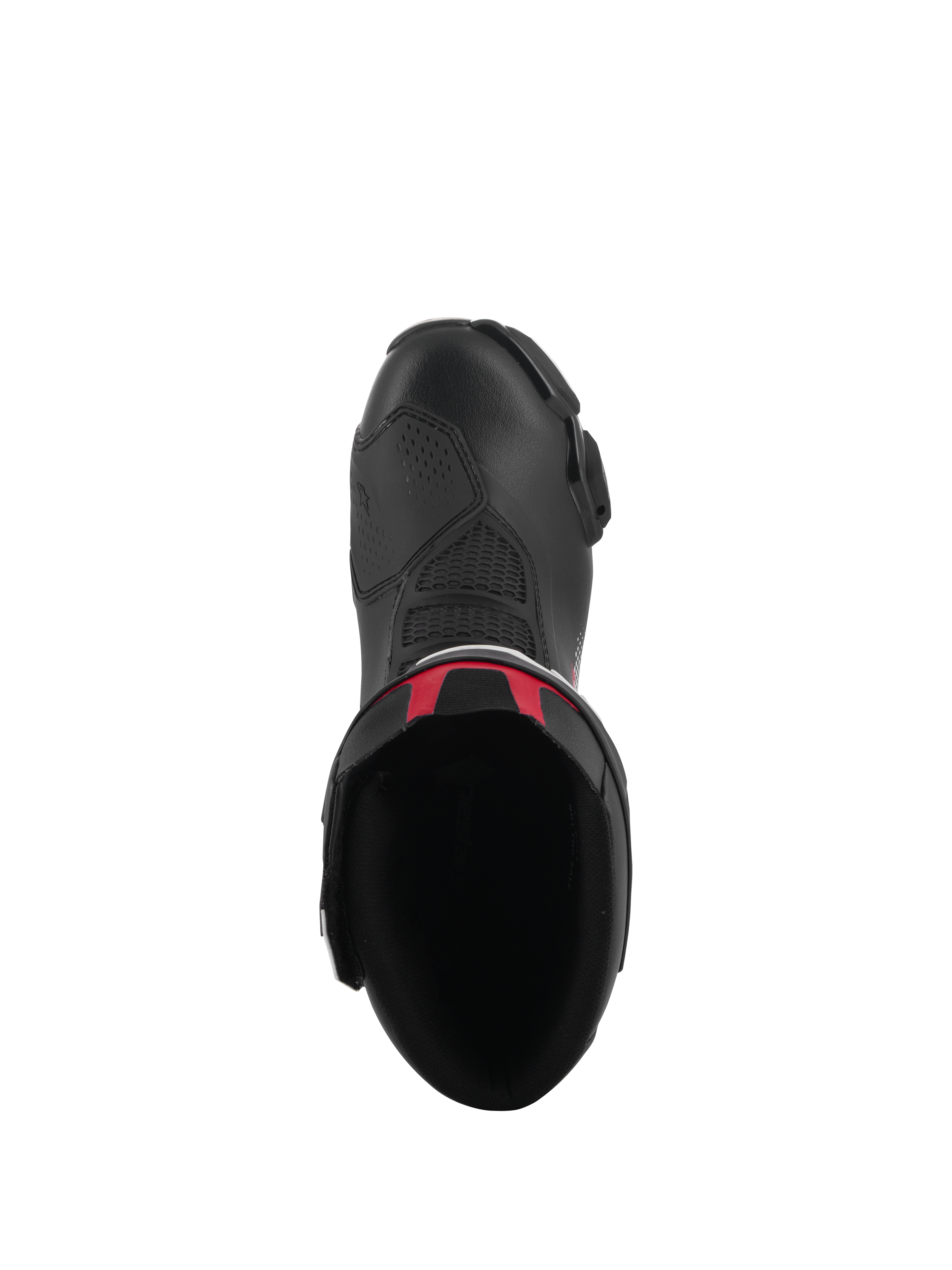 Alpinestars SMX-6 V3 Stiefel, Performance-Motorradstiefel, Schwarz mit roten Akzenten, Draufsicht mit Blick auf die Innenöffnung und das Mikrofaser-Obermaterial, schlankes ergonomisches Design für Motorradrennen