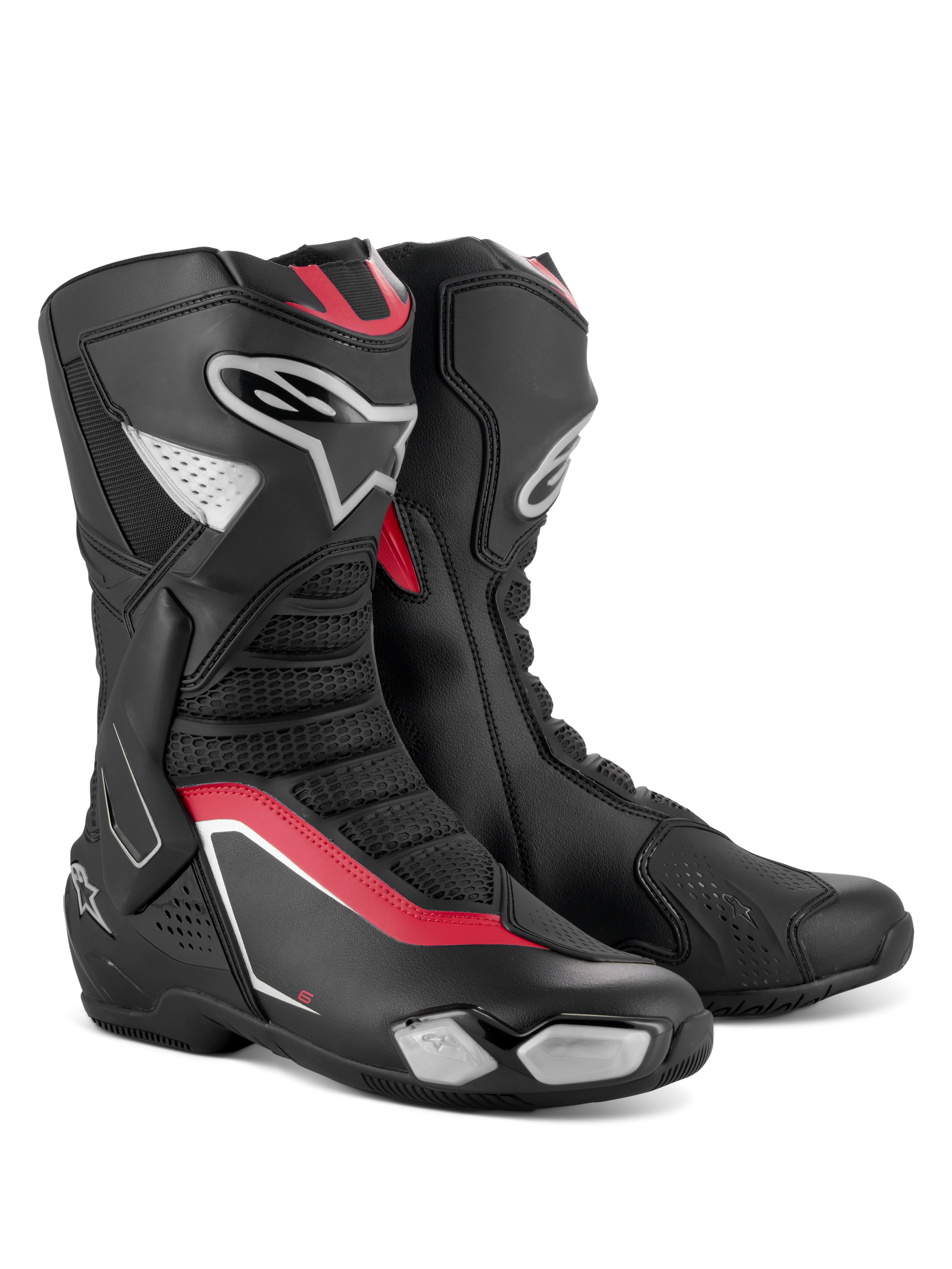 Alpinestars SMX-6 V3 Boots, Performance Motorcycle Boots, Black Silver and Red, featuring a sleek microfiber upper with TPU protection, red accents, and the Alpinestars logo on the lateral side.