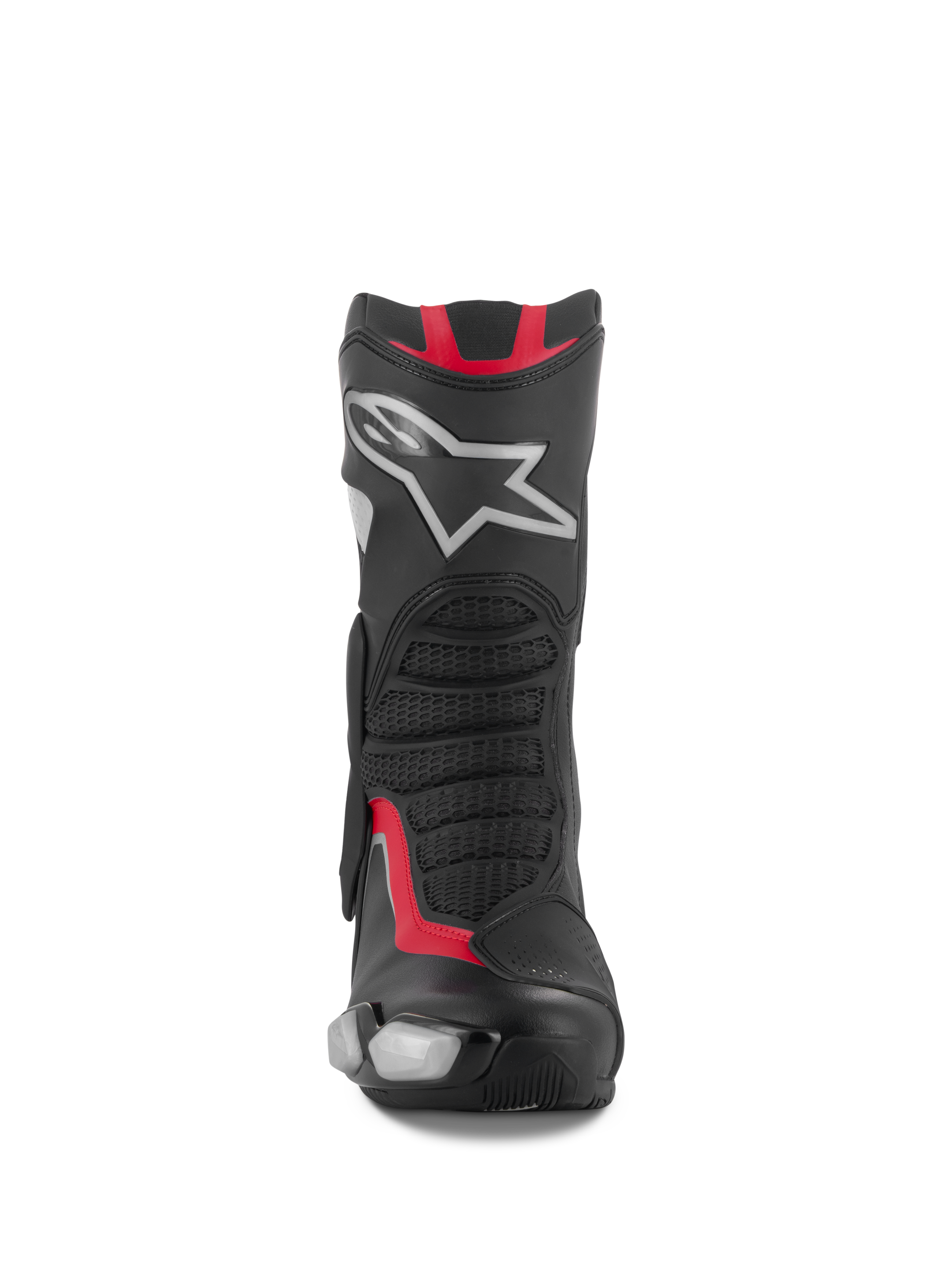 Alpinestars SMX-6 V3 Boots, Motorcycle Racing and Sport Boots, Black Silver and Red, front view featuring TPU shin plate with silver star logo, mesh flex panels, and performance microfiber construction
