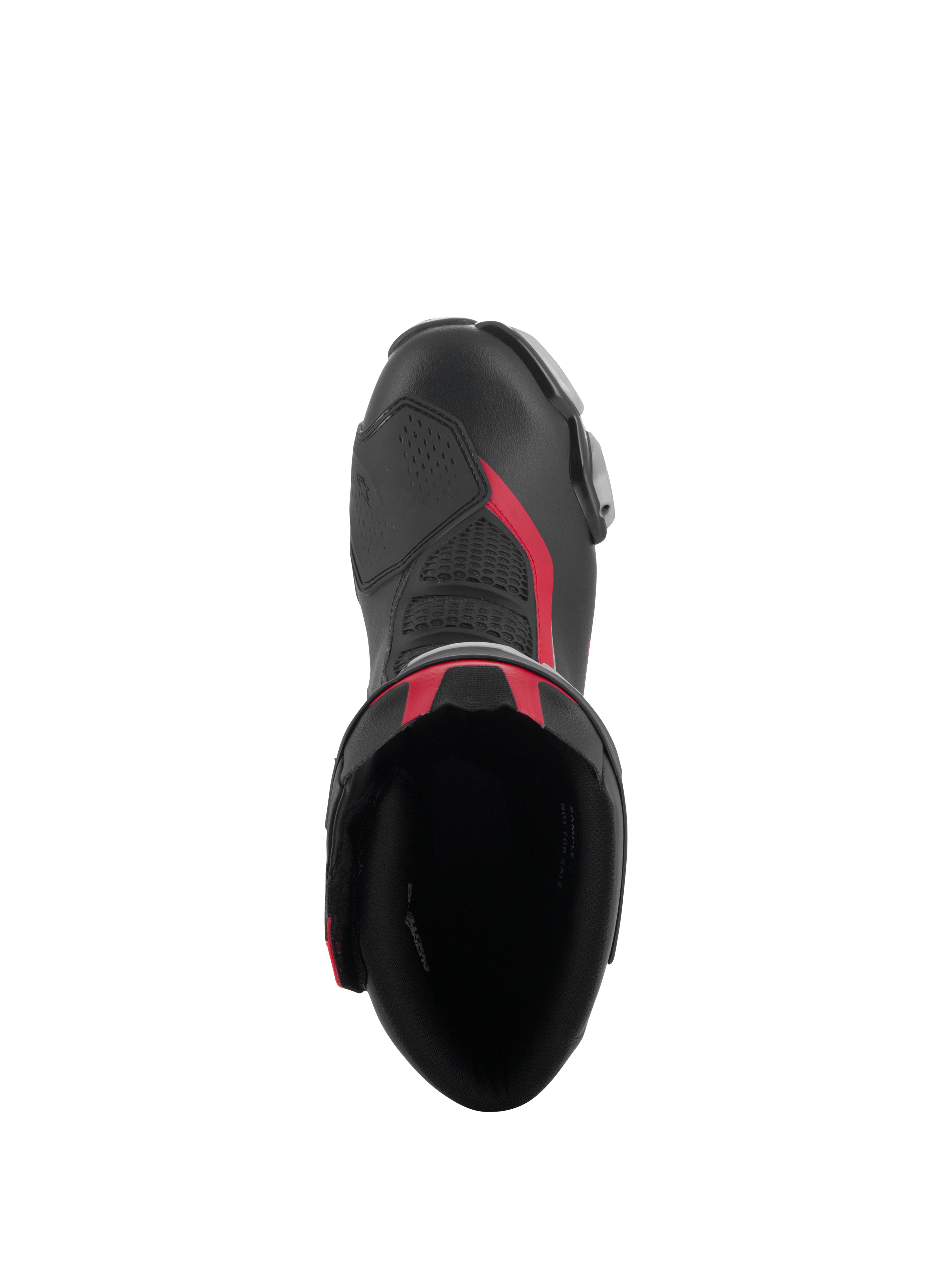 Top-down view of Alpinestars SMX-6 V3 Boots in Black Silver Red, featuring the boot's opening, microfiber construction with red highlights, and integrated TPU shifter zone.
