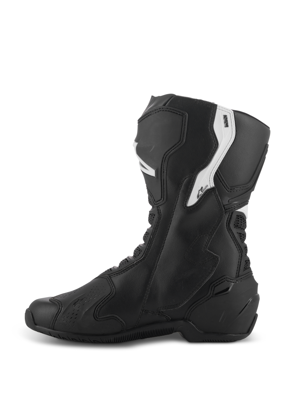 Alpinestars Stella SMX-6 V3 Boots, Women's Performance Riding Boots, Black and White, medial side view featuring ergonomic microfiber upper with TPU shin and ankle protection, flexible mesh zones, and streamlined design for track and street use