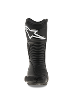 Alpinestars SMX S Boots, Black motorcycle boots, front-facing view showing the large white Alpinestars logo on the shin plate, accordion-style flex panels, and durable microfiber construction with protective PU shields