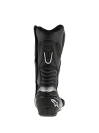 Alpinestars SMX S Boots, Black, rear view, featuring reinforced heel counter with white logo, silver branding, and accordion flex panels for increased mobility and protection