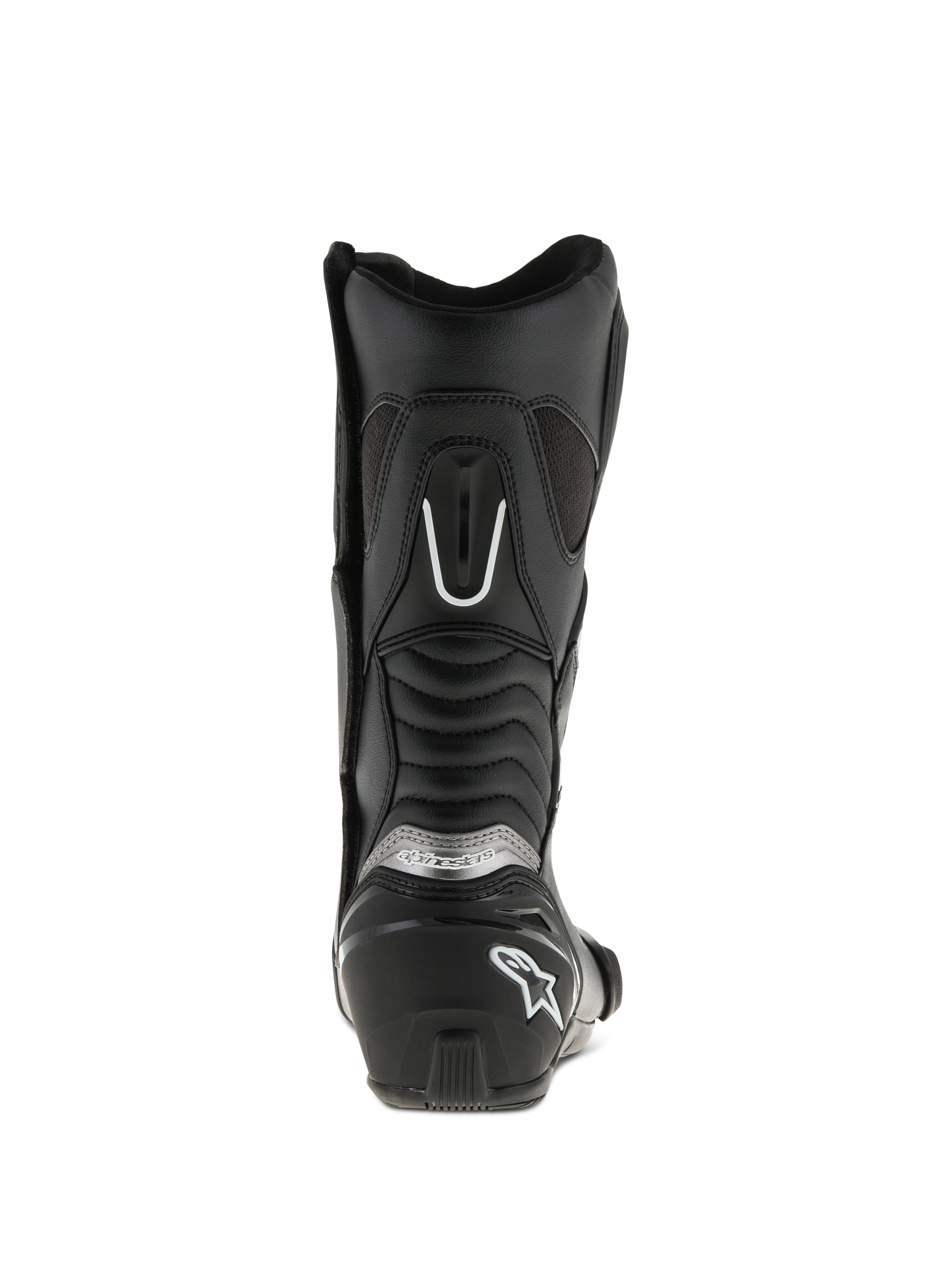 Alpinestars SMX S Boots, Black, rear view, featuring reinforced heel counter with white logo, silver branding, and accordion flex panels for increased mobility and protection