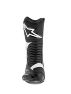 Alpinestars SMX S Boots, Motorcycle Boots, Black and White, front view featuring a large white Alpinestars logo on the shin, accordion flex panels, and durable microfiber construction with protective PU shields