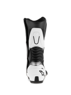 Alpinestars SMX S Boots, Black and White, rear view showing white heel counter with black star logo, ribbed accordion flex panels, and white upper calf reinforcement, durable microfiber sport motorcycle boots