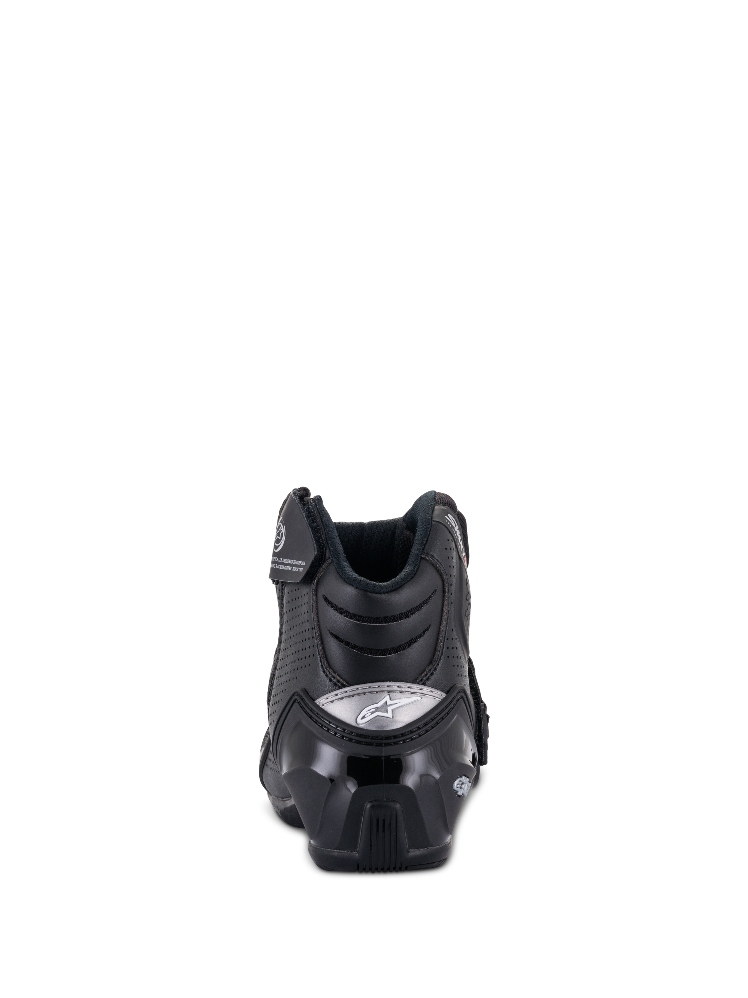 Alpinestars SMX-1 R V2 Vented Boots, Low-cut motorcycle riding shoe, Black, Rear view featuring glossy TPU heel protector with silver logo, perforated microfiber for ventilation, and ergonomic design for sport riding