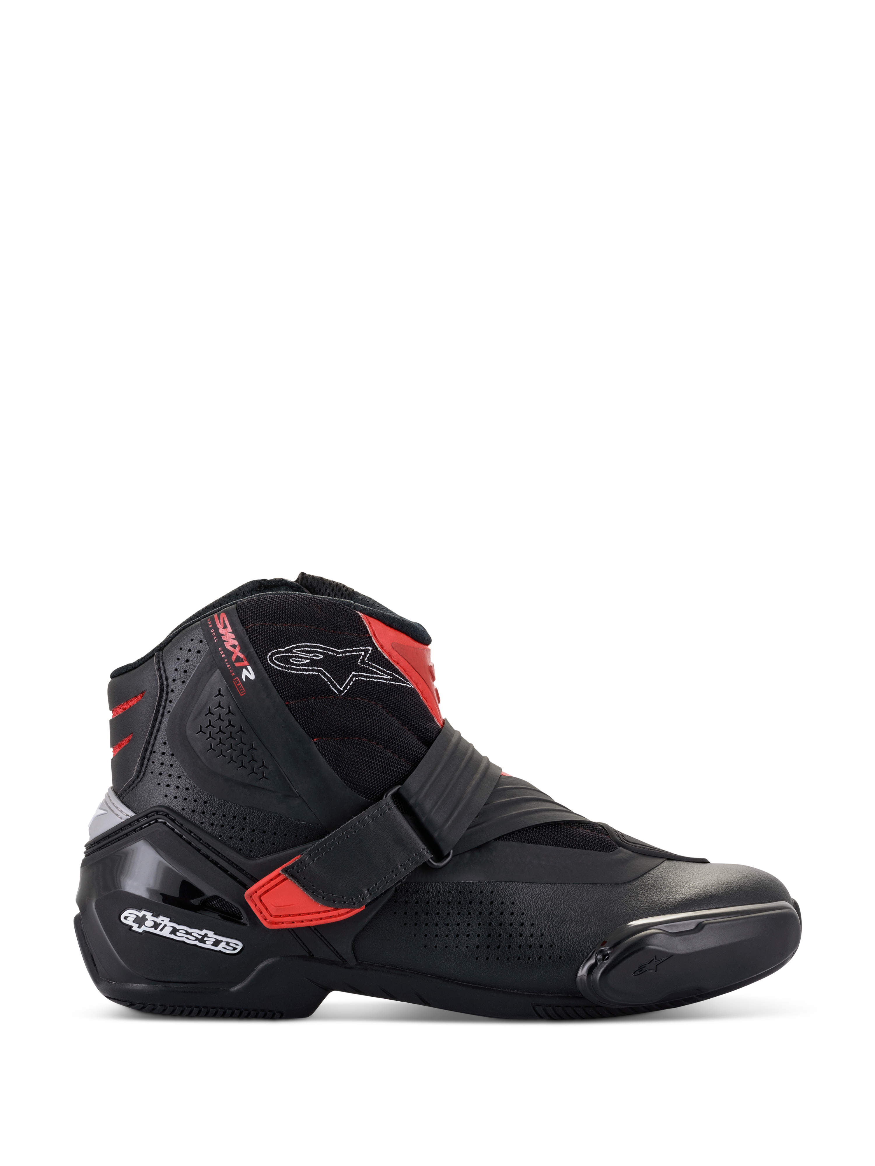 Alpinestars SMX-1 R V2 Vented Boots, low-cut motorcycle riding shoe, Black with Red accents and white logos, perforated microfiber upper for airflow, TPU heel counter and side protection, sporty road performance design.