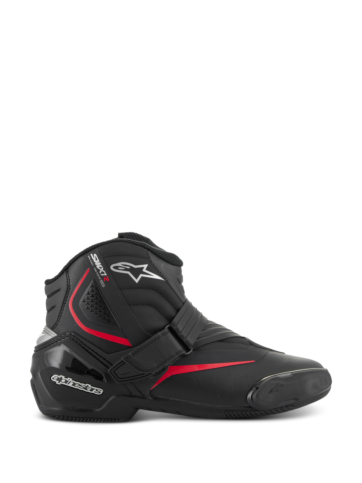 Alpinestars SMX-1 R V2 Stiefel, niedrig geschnittene Performance-Motorradstiefel, Schwarz mit roten und weißen Akzenten, sicherer Klettverschluss, verstärkte TPU-Fersenkappe und Knöchelschutz, Akkordeon-Flexzonen, strukturierte Gummisohle für sportliche Straßenfahrten