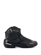Alpinestars Stella SMX-1 R V2 Boots, Women's Low-Cut Motorcycle Riding Shoe, Black, side profile view featuring microfiber construction, adjustable strap closure, reinforced TPU heel counter with white branding, star logo accent, and durable rubber sole.