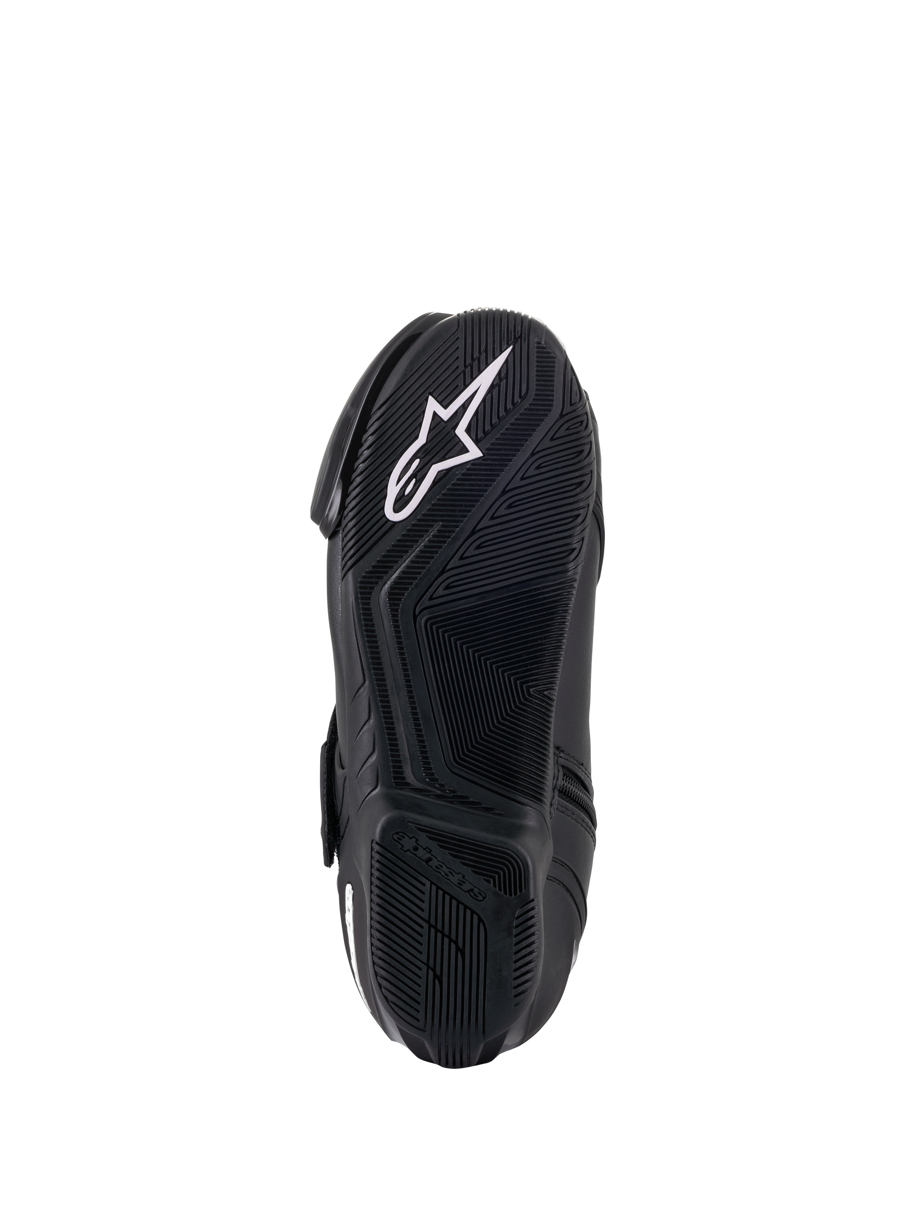 Alpinestars Women Stella SMX-1 R V2 Boots, Black, underside view of the rubber compound sole, featuring a high-grip pattern and a white Alpinestars star logo, performance motorcycle footwear